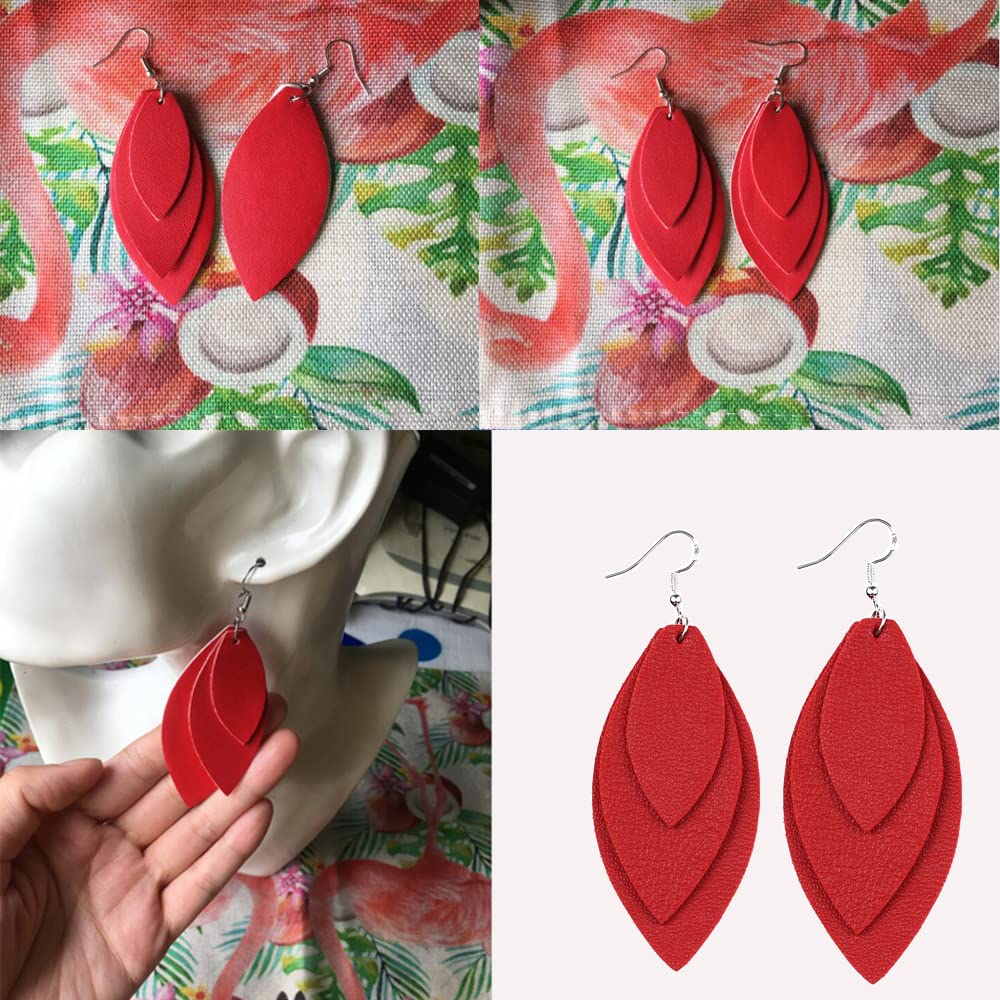 TIDOO Women's Fashion Teardrop Leaf Leather Earrings - Set of 3 Red Dangle Drop Earrings for Women | Perfect for Boho Chic, Casual Wear, and Special Occasions