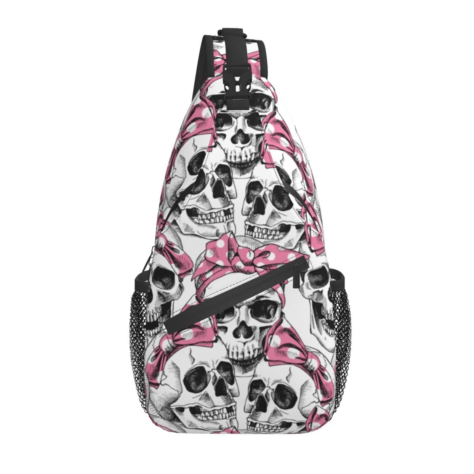 Skull Print Sling Bag with Adjustable Headband - Crossbody Backpack for Women & Men - Lightweight Shoulder Bag for Hiking, Travel, Cycling & Outdoor Activities - Small Daypack with Single Strap - Casual Chest Bag Purse for Everyday Use