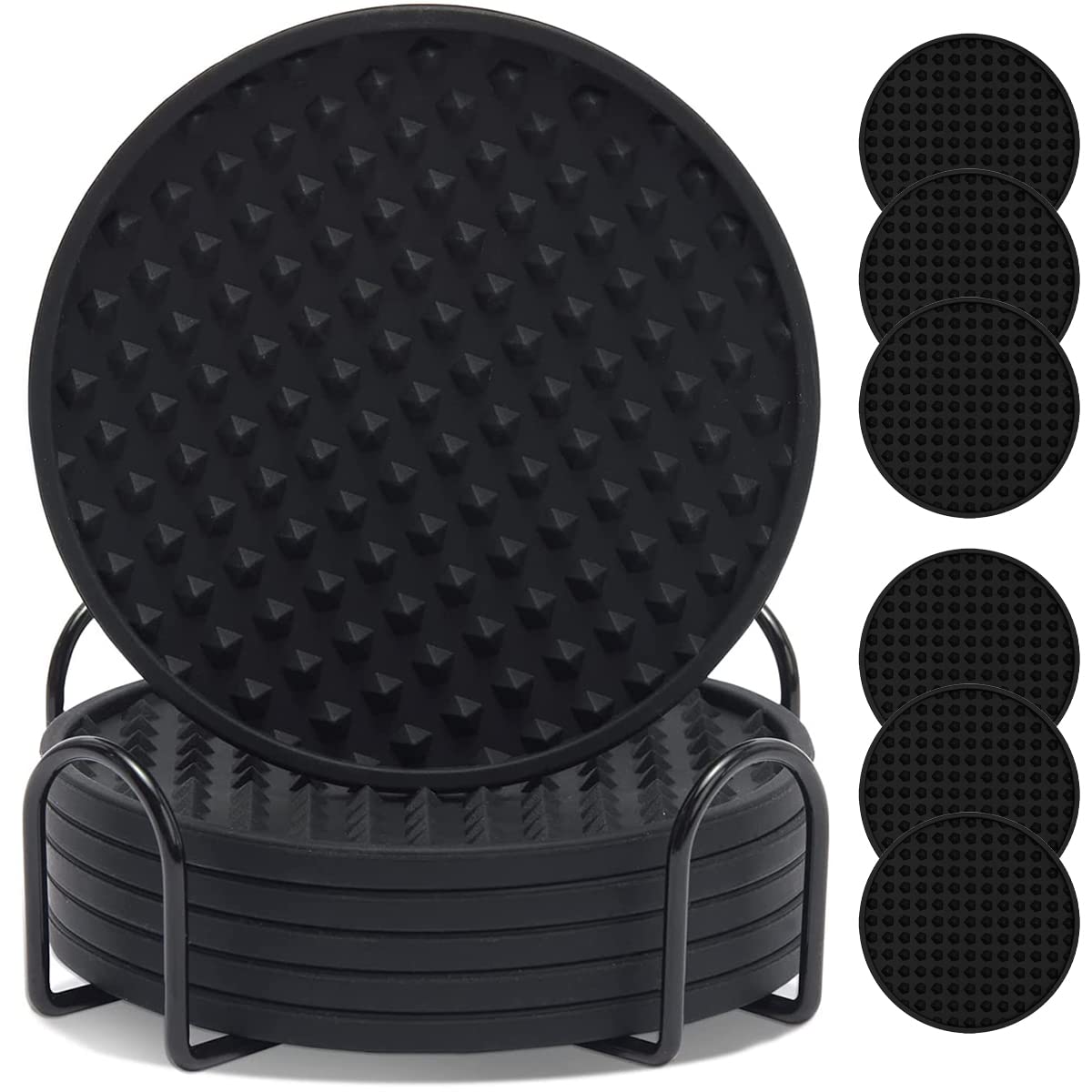 6-Pack Black Silicone Drink Coasters Set with Holder - Absorbent, Washable & Heat-Resistant Cup Mats for Coffee, Beer, Wine - Perfect for Home, Office, Bar & Restaurant Use