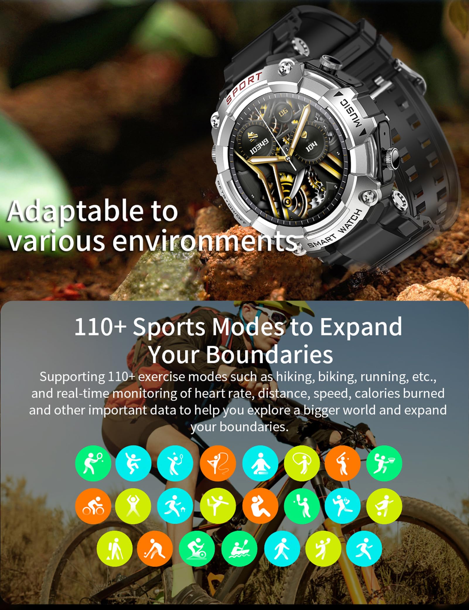 1.52'' HD Rugged Military Smart Watch with Bluetooth Earbuds - 3-in-1 Fitness Tracker with Heart Rate Monitor, Sleep Tracking & Local Music Storage | Perfect for Outdoor Activities, Workouts & Daily Use