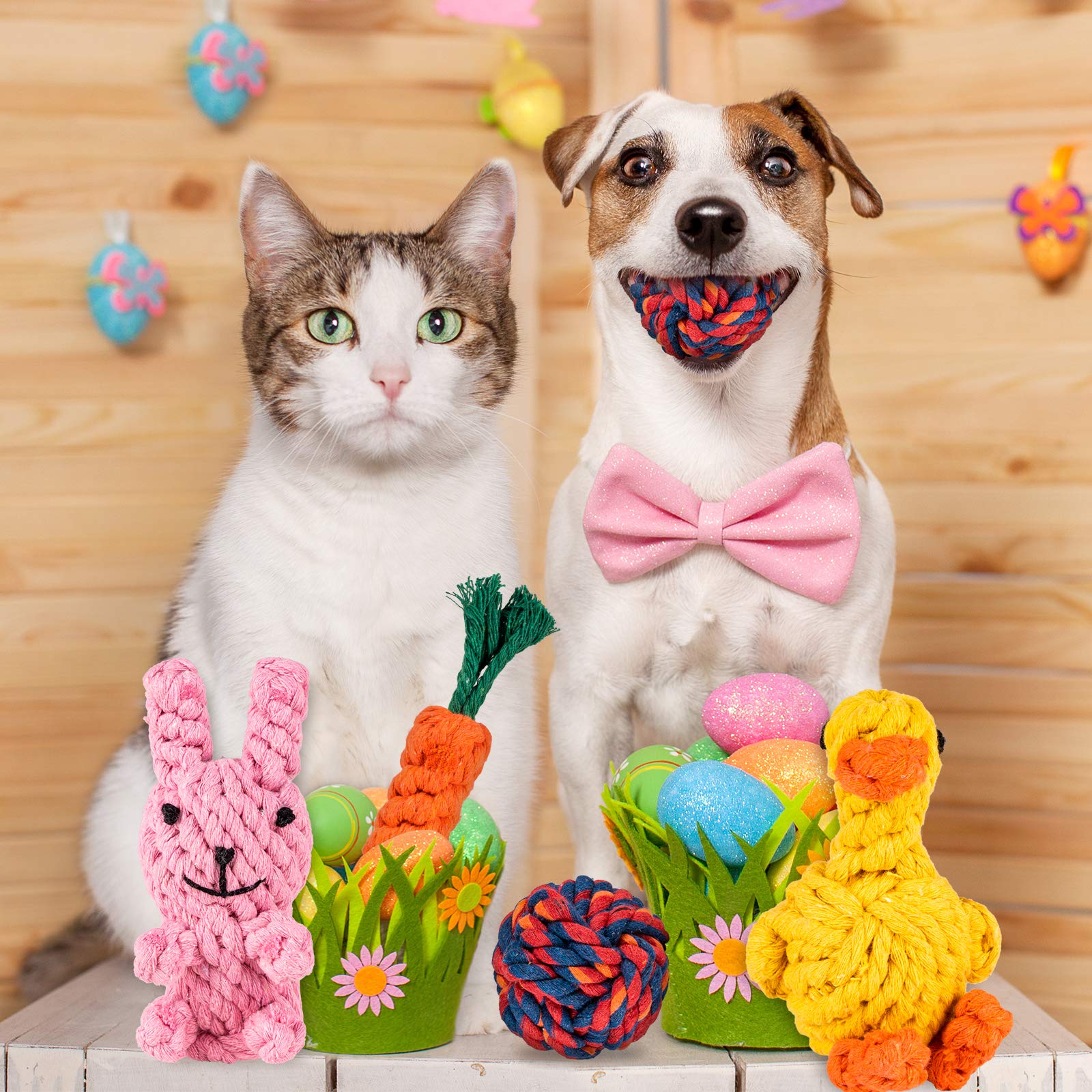 Whaline 4PCS Easter Dog Toy Kit - Puppy Chew Toys, Carrot Ball, Rabbit & Yellow Duck Cotton Rope Toys for Small Medium Large Dogs - Easter Pet Gifts for Playtime & Teeth Cleaning - Perfect for Indoor/Outdoor Play, Training Rewards, and Holiday Pet Presents