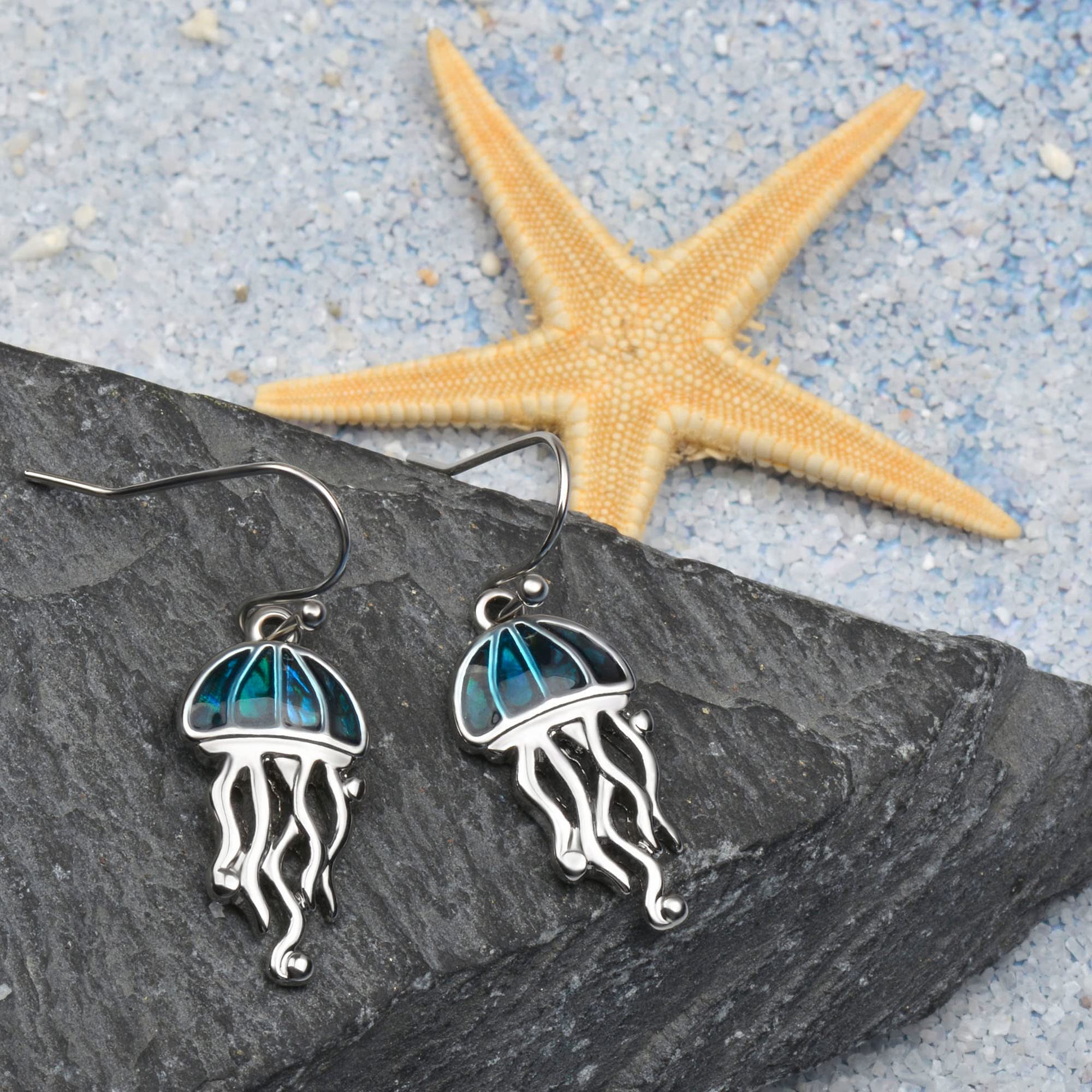 Silver Plated Jellyfish Dangle Drop Earrings with Abalone Shell - Ocean Beach Jewelry for Women | Perfect Gift for Beach Lovers & Summer Outfits