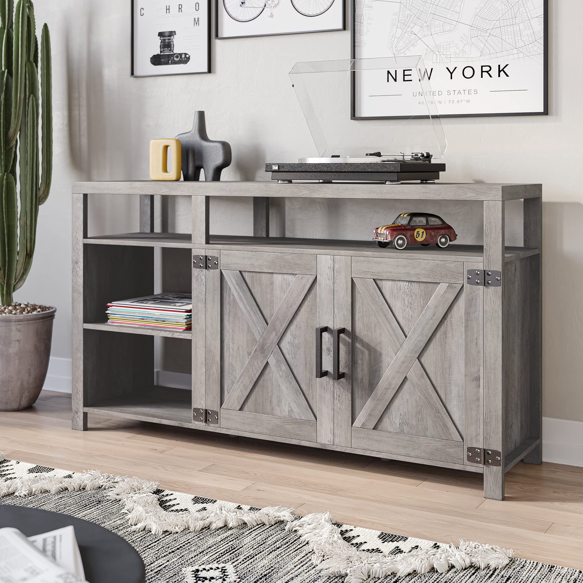 BELLEZE 58 Inch TV Stand for 65 Inch TVs - Modern Entertainment Center with Storage Shelves & Cabinet - Wood Media Console Table for Living Room & Bedroom - Gray Wash - Perfect for Home Theater Setup & Living Room Organization