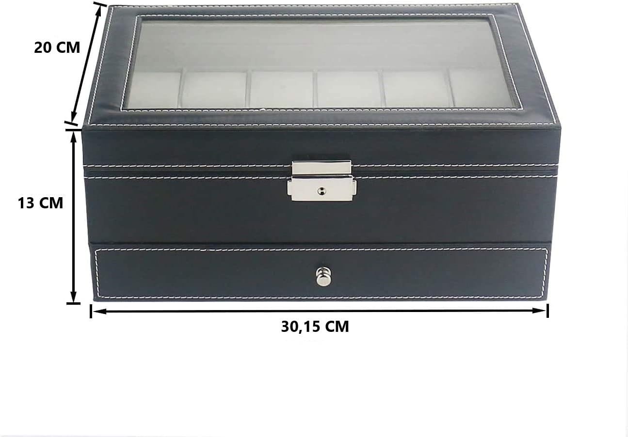 12-Slot PU Leather Lockable Watch & Jewelry Storage Box - Black | Secure Organizer for Travel, Home & Gift Giving
