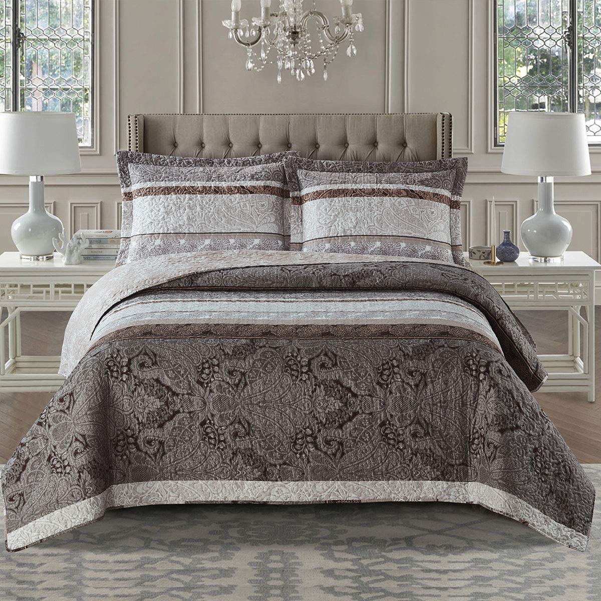 7-Piece Queen Size Bedding Set - Callisto Taupe Lightweight Quilt with Solid Ivory Microfiber Sheets | Soft & Breathable for All Seasons | Perfect for Master Bedroom, Guest Room & Vacation Homes
