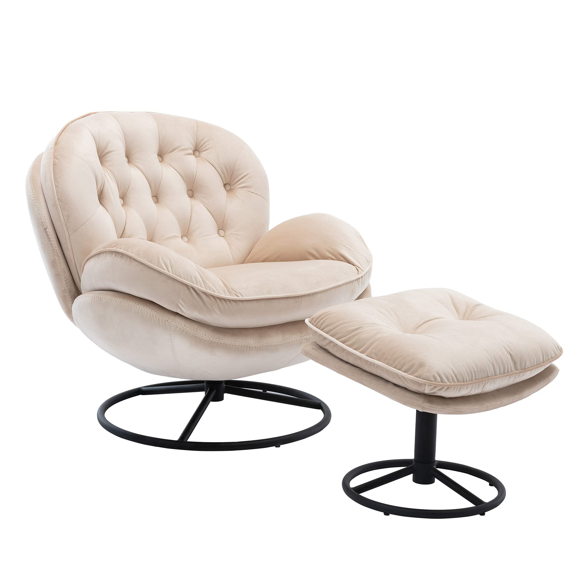 Velvet Swivel Accent Chair with Ottoman - Cozy Lounge Chair for Living Room, Bedroom & Reading Room - Modern Upholstered Lazy Sofa & Chase Lounger - Perfect for Relaxing, Watching TV & Reading (Beige)