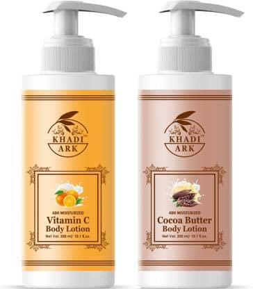 Khadi Ark Vitamin C & Cocoa Butter Body Lotion Duo - 48 Hour Deep Moisturizing with UV Protection (Pack of 2 x 300ml, Total 600ml) for Dry Skin Care & Daily Hydration