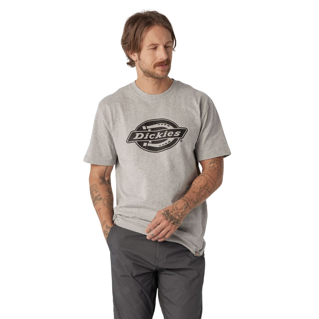 Dickies Heavyweight Logo Men's Short Sleeve Work T-Shirt WS22C - Durable Cotton Workwear for Construction, Landscaping & Outdoor Jobs - Heather Grey