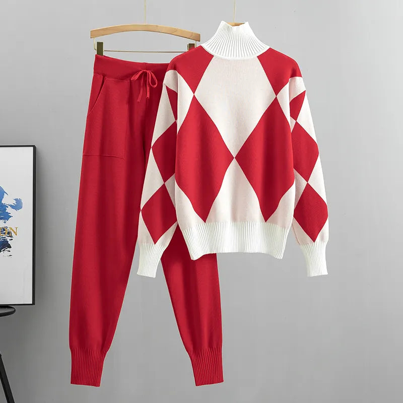 Women's Geometric Knit Sweater & Pants Set - Soft Thick Winter Pullover & Long Pants Casual Outfit (2PC Tracksuit) - Perfect for Autumn Winter Fashion, Lounge Wear & Casual Outings