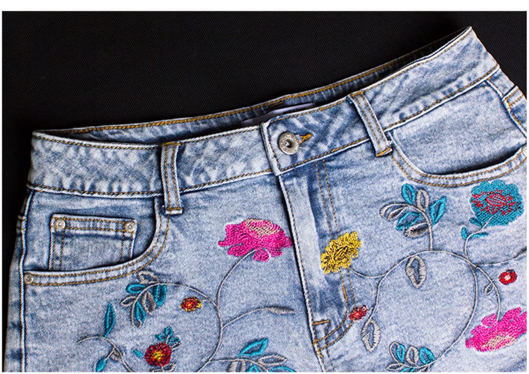 Women's High Waist Embroidered Flower Denim Shorts - Summer Fashion Short Jeans for Casual Outfits, Beach Wear & Street Style