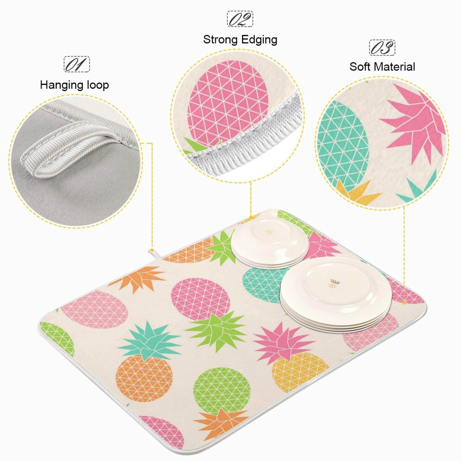 Susiyo Pastel Geometric Pineapple Dish Drying Mat - Super Absorbent Microfiber Kitchen Counter Mat (16x18 Inch) | Heat-Resistant, Non-Slip & Quick-Drying | Perfect for Drying Dishes, Utensils & Cookware | Stylish Kitchen Decor for Countertops & Sinks