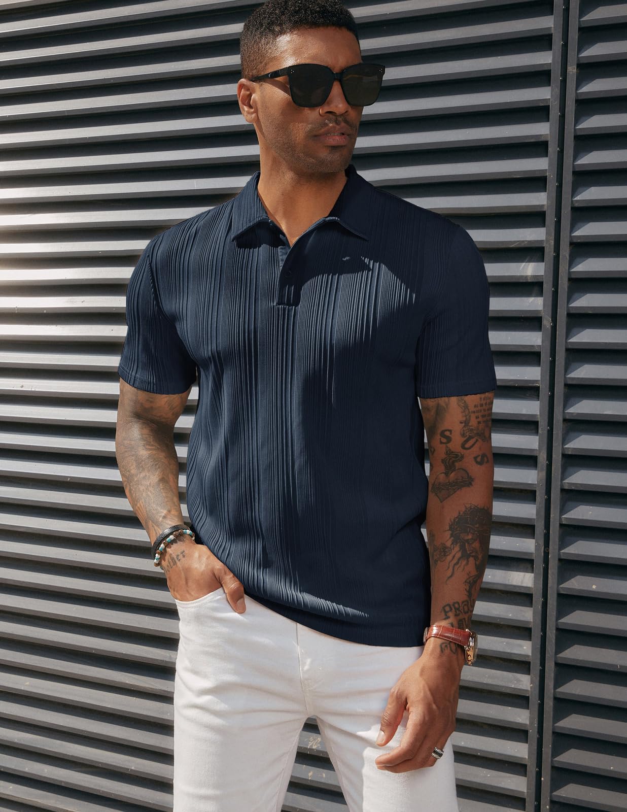 PJ PAUL JONES Men's Textured Knit Polo Shirt - Regular Fit Stretchy Golf Shirt for Men - Breathable Casual & Business Wear - Perfect for Golf, Office, and Everyday Outfits