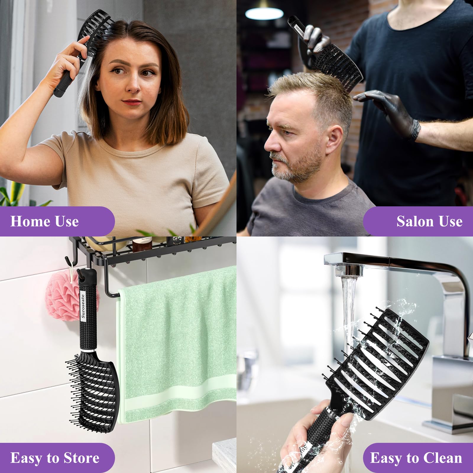 **Detangling Hair Brush for Women, Men & Kids - Curved Vent Brush for Wet & Dry Hair - Faster Blow Drying, Reduces Frizz & Adds Shine - Perfect for Curly, Straight, Thick or Thin Hair (Black) - Ideal for Home, Travel & Salon Use**