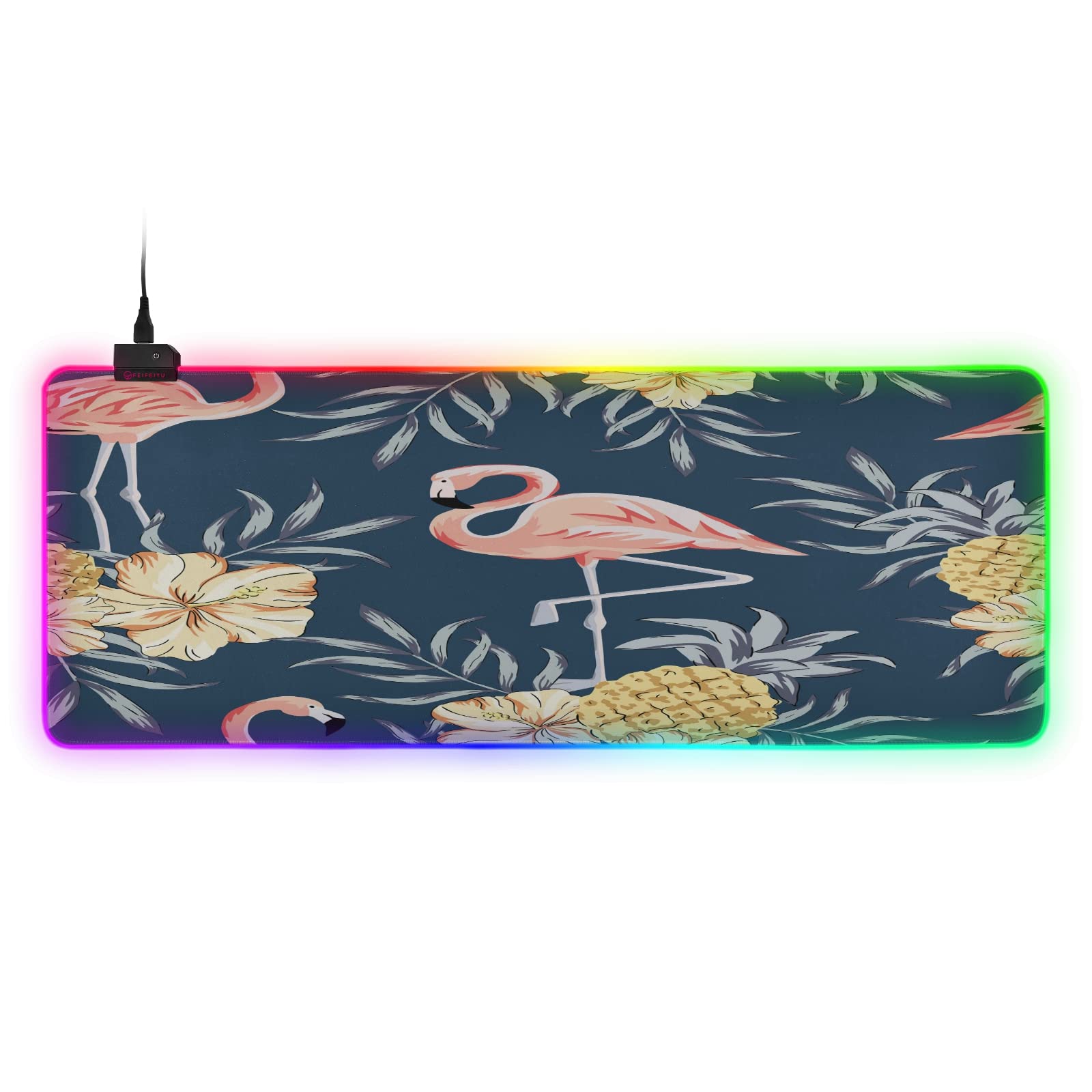 ALAZA Tropical Pink Flamingo Gaming Mouse Pad - Non-Slip Cloth Surface with Hibiscus Flowers & Pineapples Design - 31.5 x 11.8 Inch Large Computer Keyboard Mat - Perfect for Gaming, Office & Home Workspace Setup