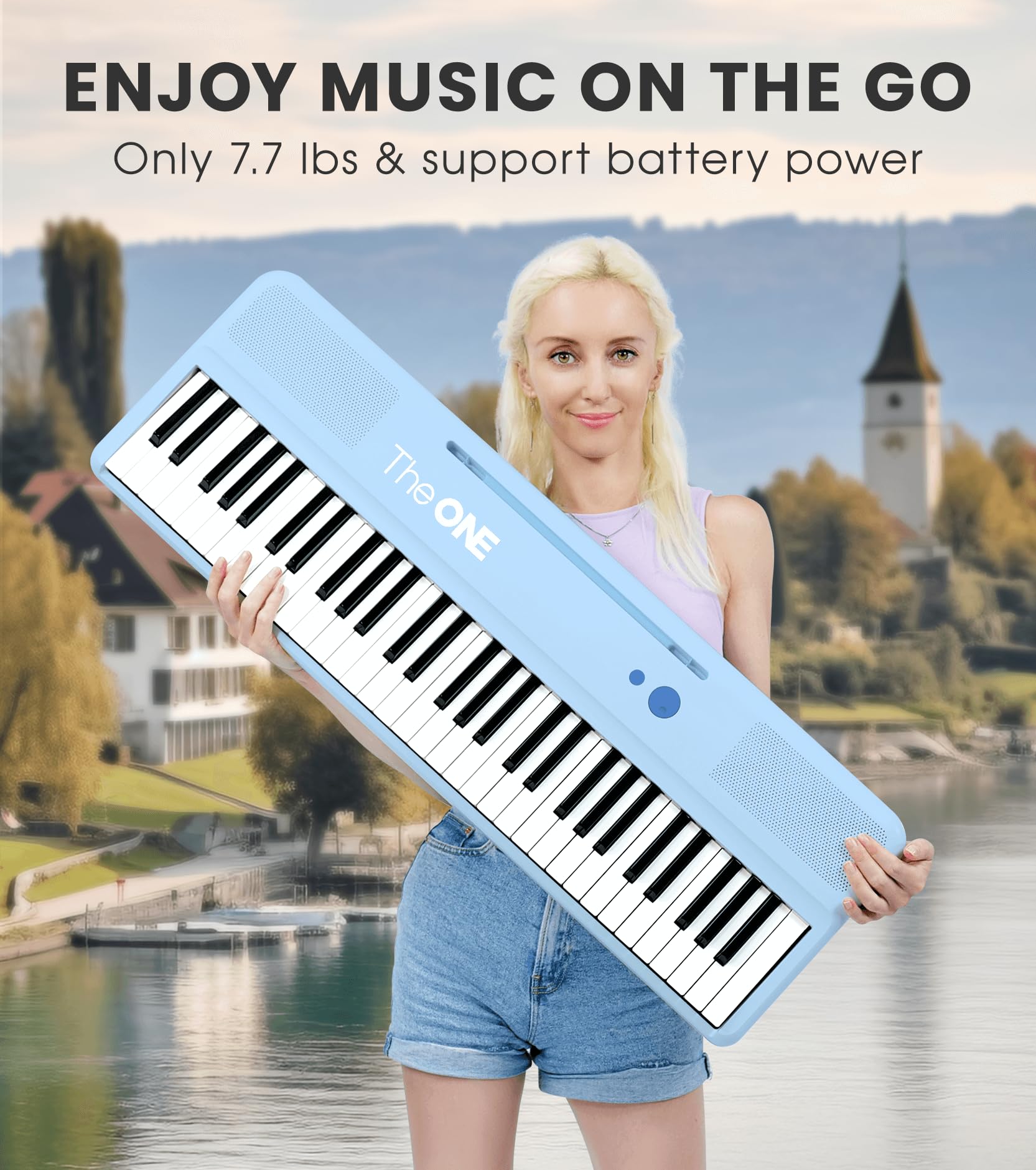The ONE Smart Keyboard COLOR 61-Key Digital Piano with 256 Timbres, 64 Polyphony, Built-in LED Lights & Speakers - Free Music Learning Apps Included (Blue) | Perfect for Beginners, Home Practice & Interactive Music Lessons