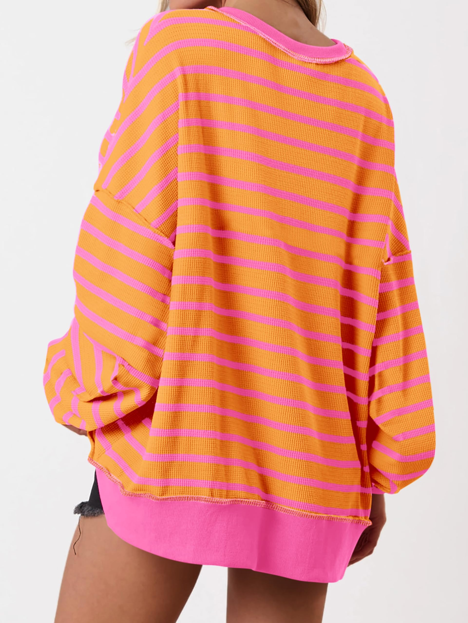 PRETTYGARDEN Women's Oversized Striped Sweatshirt - Long Sleeve Button Up Henley Neck Waffle Knit Pullover Tunic Top for Fall 2025 | Casual Outfit, Layering Piece, Comfortable Loungewear