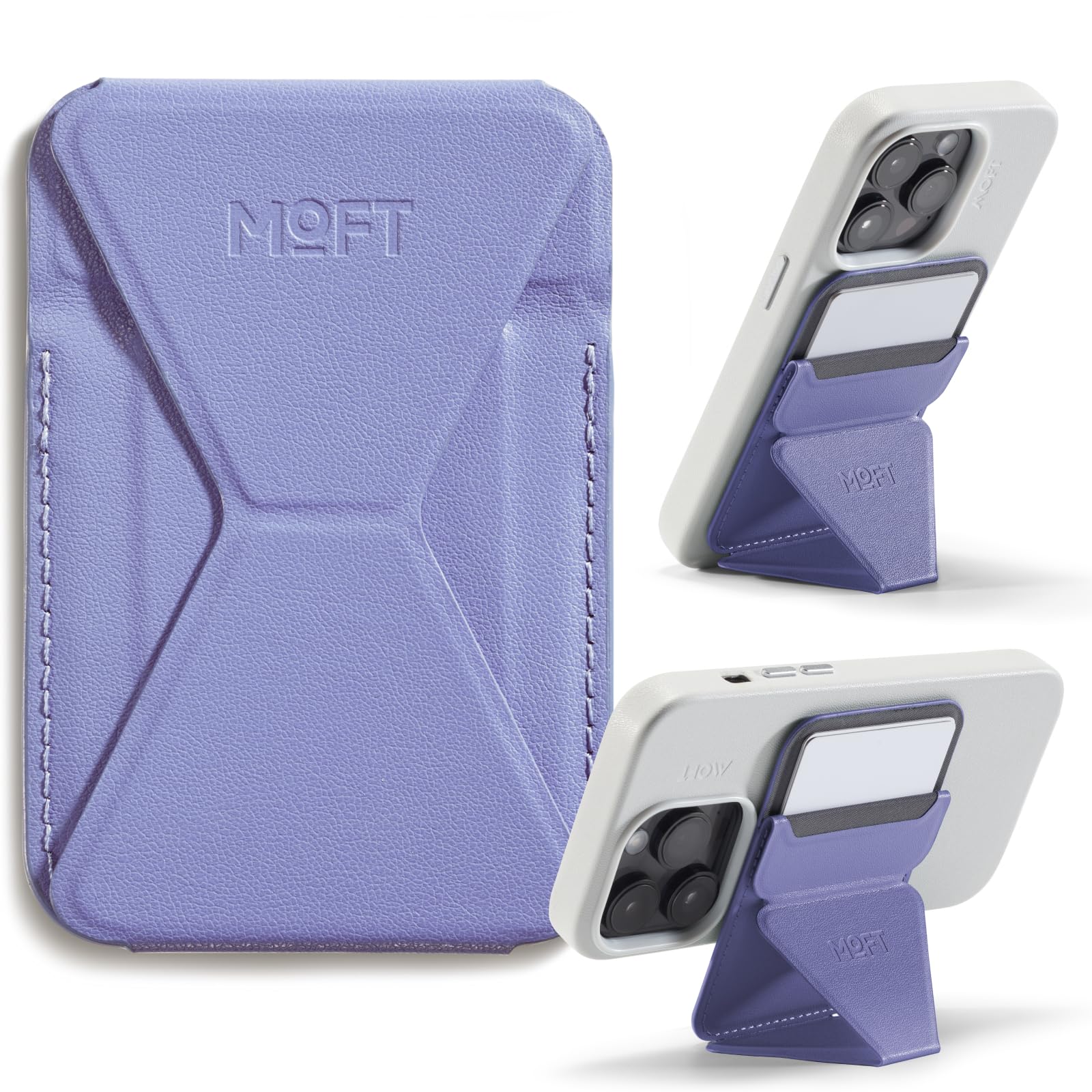 MOFT Adhesive Card Holder for iPhone 16/15/14/13 - MagSafe Compatible Leather Phone Stand with 3 Viewing Angles, Holds 2 Cards | Foldable, Lightweight & Portable (Lavender) | Perfect for Work, Travel & Hands-Free Video Calls