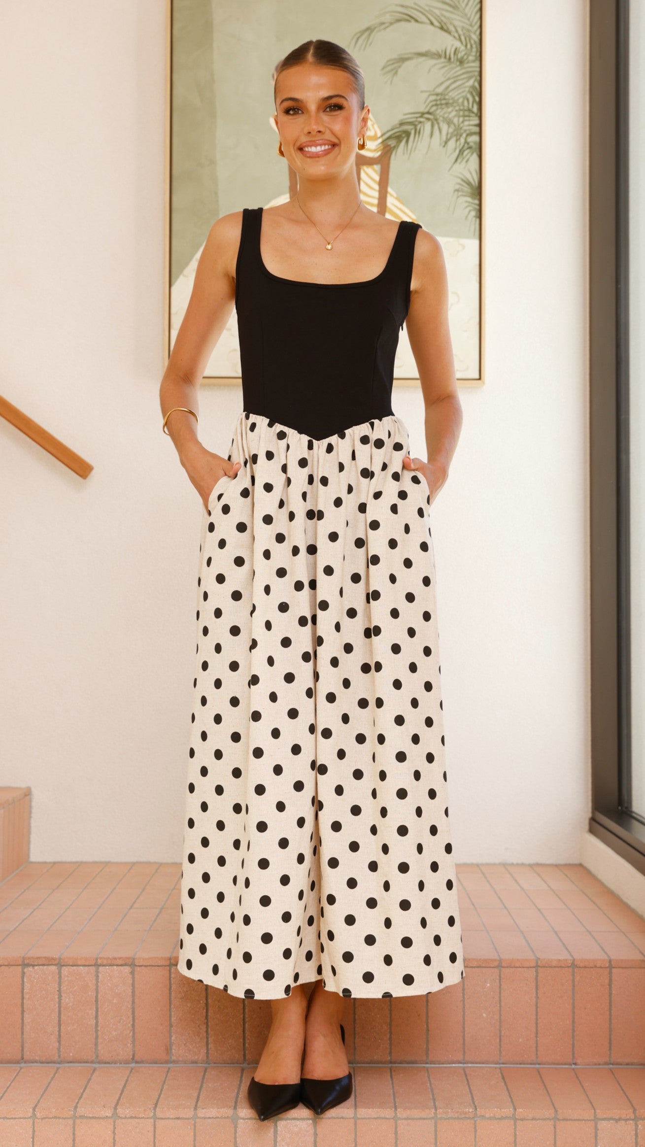 Leoni Maxi Dress - Oat & Black Spot Floral Print - Women's Long Boho Summer Dress for Beach, Vacation & Casual Wear
