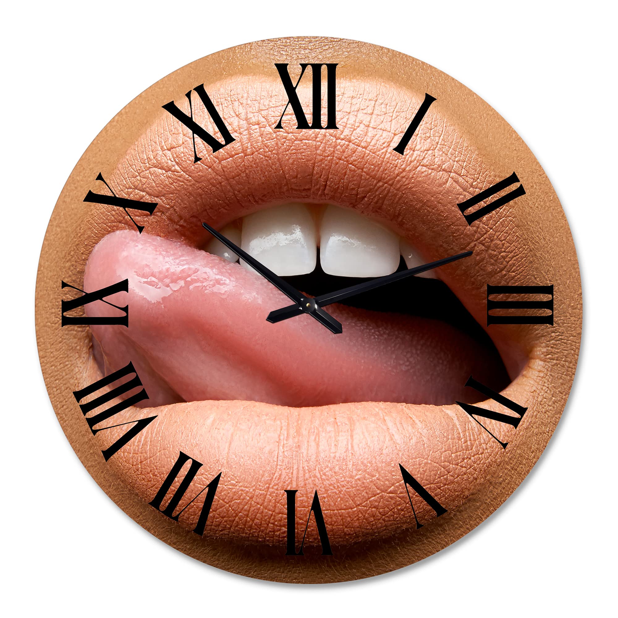 DesignQ Modern Wall Clock - Beautiful Dark-Skinned Female Lips with Tongue - Large Decorative Clock for Living Room, Bedroom, Office | Unique Home Decor & Stylish Wall Art Gift Idea