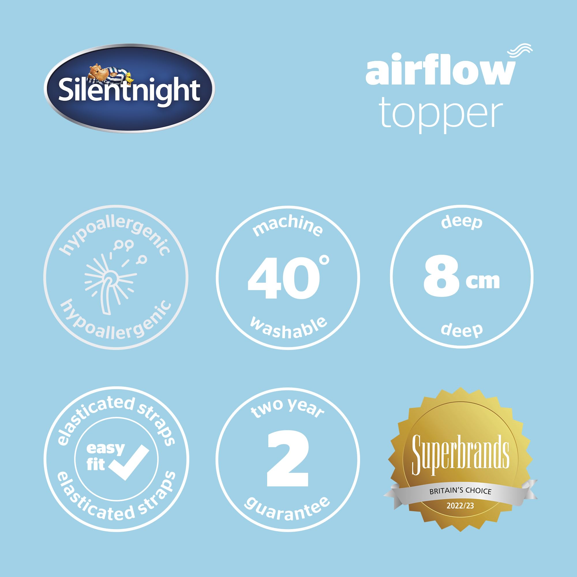 Silentnight Airflow 800 Double Mattress Topper - 8cm Extra Thick Cooling Mattress Pad with Deep Fitted Design, Breathable Mesh Sides & Elastic Straps - Double Size 190x135cm (75x53in) - White - Perfect for Hot Sleepers & Pressure Relief