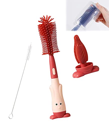 Food-Grade Baby Bottle Cleaning Brush Kit - 3-in-1 Multi-Functional Silicone Brush for Bottles, Pacifiers & Straws with Rotating Head (Red) | Perfect for Newborn Feeding Essentials & Travel Baby Care