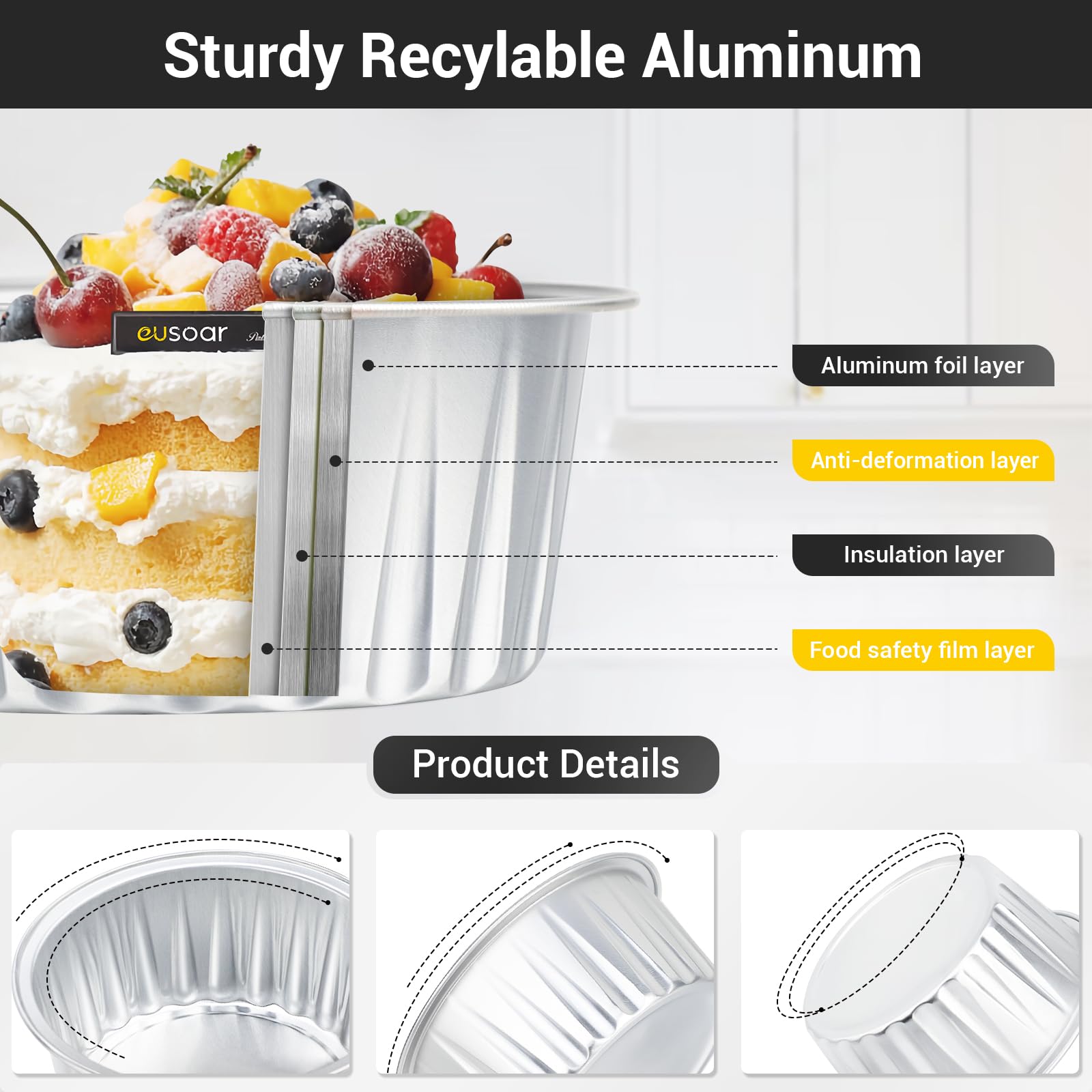 EUSOAR 30-Pack 5oz Disposable Aluminum Foil Baking Cups with Lids - Muffin Liners, Cupcake Holders & Creme Brulee Containers for Home Baking, Party Desserts & Meal Prep