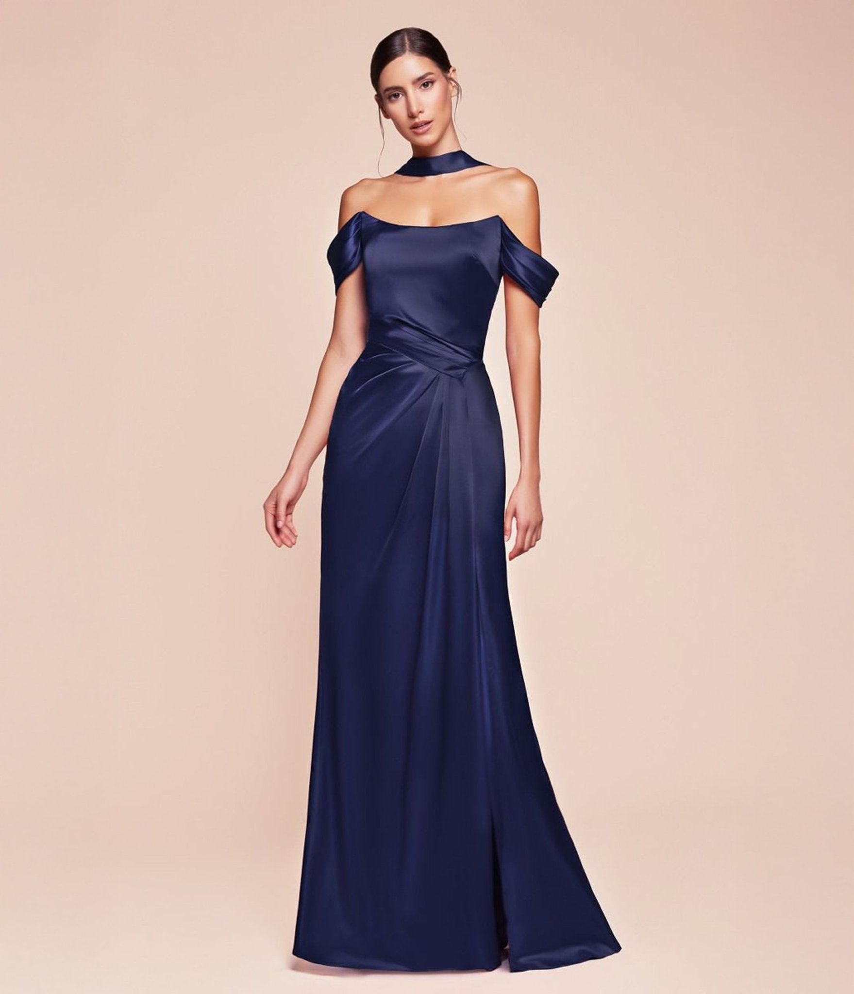 Ladivine by Cinderella Divine Navy Blue Off Shoulder Lace Up Corset Satin Prom Dress - Elegant Evening Gown for Homecoming, Wedding Guest & Special Occasions