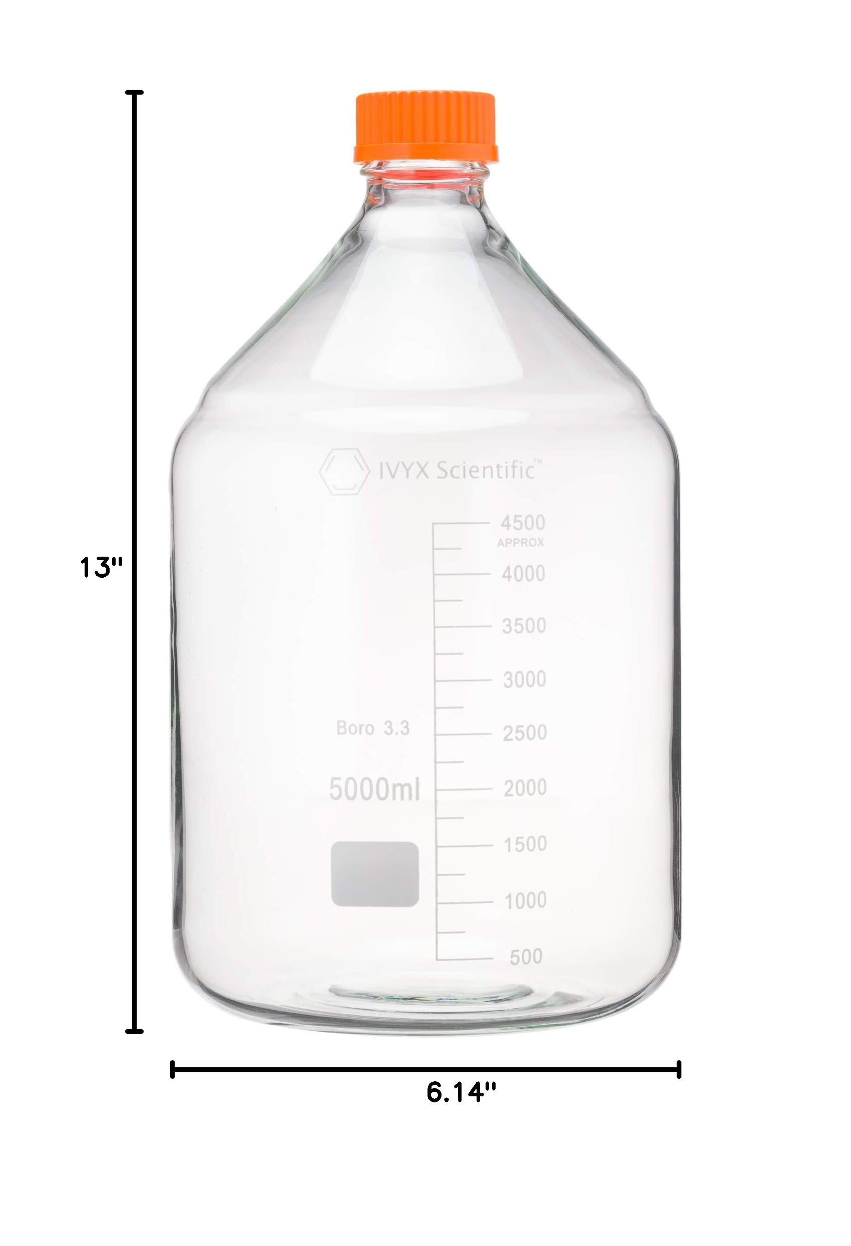IVYX Scientific 5000mL Borosilicate Glass Media Storage Bottle with GL45 Screw Cap - Lab-Grade Chemical & Liquid Storage Solution for Laboratories, Research & Industrial Use