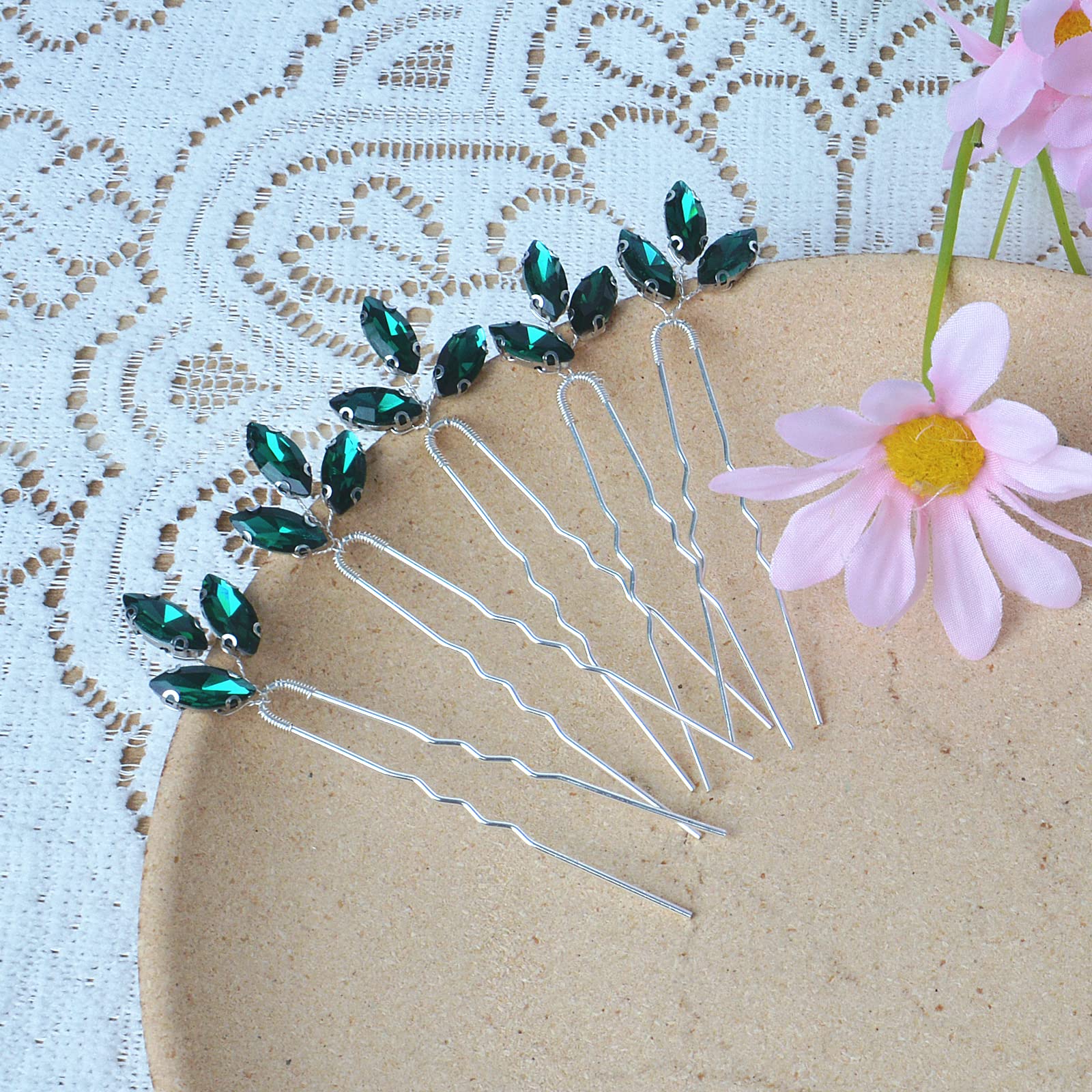 Crystal Hair Pins & Bobby Pins Set - 5 Pack Green Rhinestone Bridal Hair Accessories for Women & Girls | Wedding, Bridesmaid, Prom & Special Occasion Hairstyles