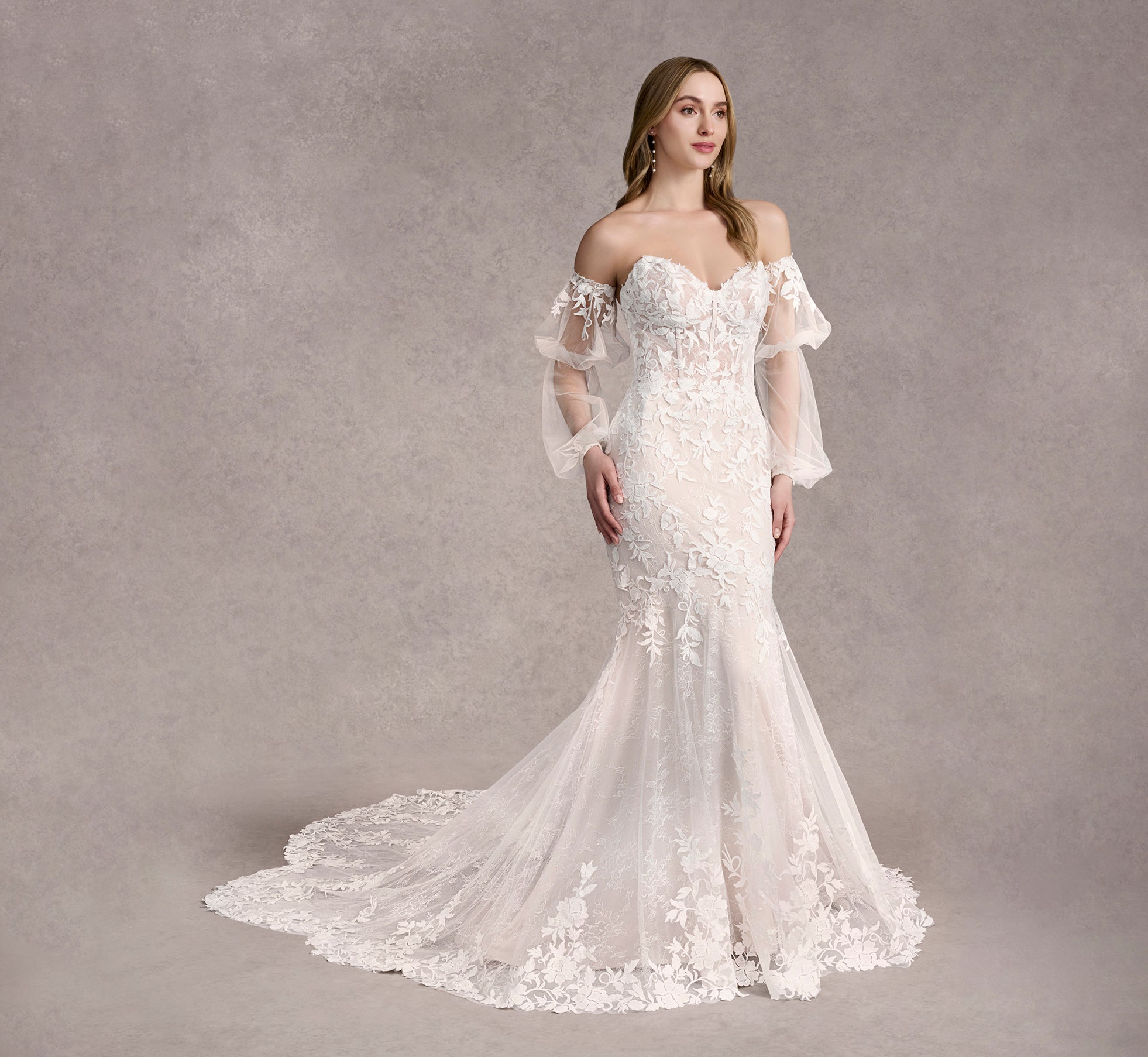 Elegant Allover Lace and Tulle Gown with Detachable Sleeves - Ivory/Almond/Nude | Perfect for Weddings, Prom, and Formal Events