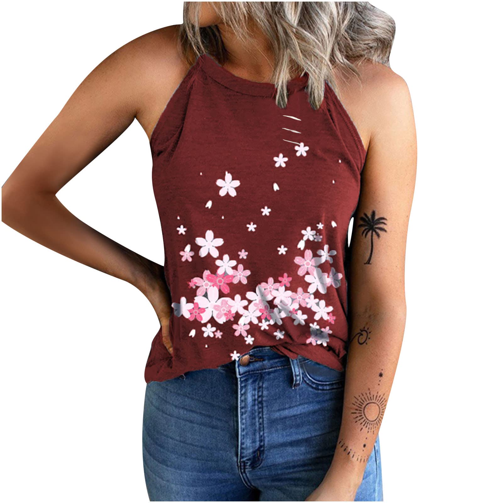 Women's Plus Size Floral Print Tank Tops - Slim Fit Sleeveless Crewneck Summer Tops for Casual Wear & Workout | Perfect for Yoga, Gym, Beach & Everyday Fashion