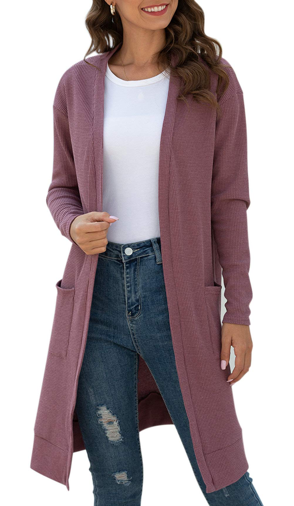 Women's Open Front Long Sleeve Cardigan Sweater - Soft Waffle Knit Casual Pullover with Pockets | Perfect for Fall Layering, Office Wear & Cozy Home Outfits