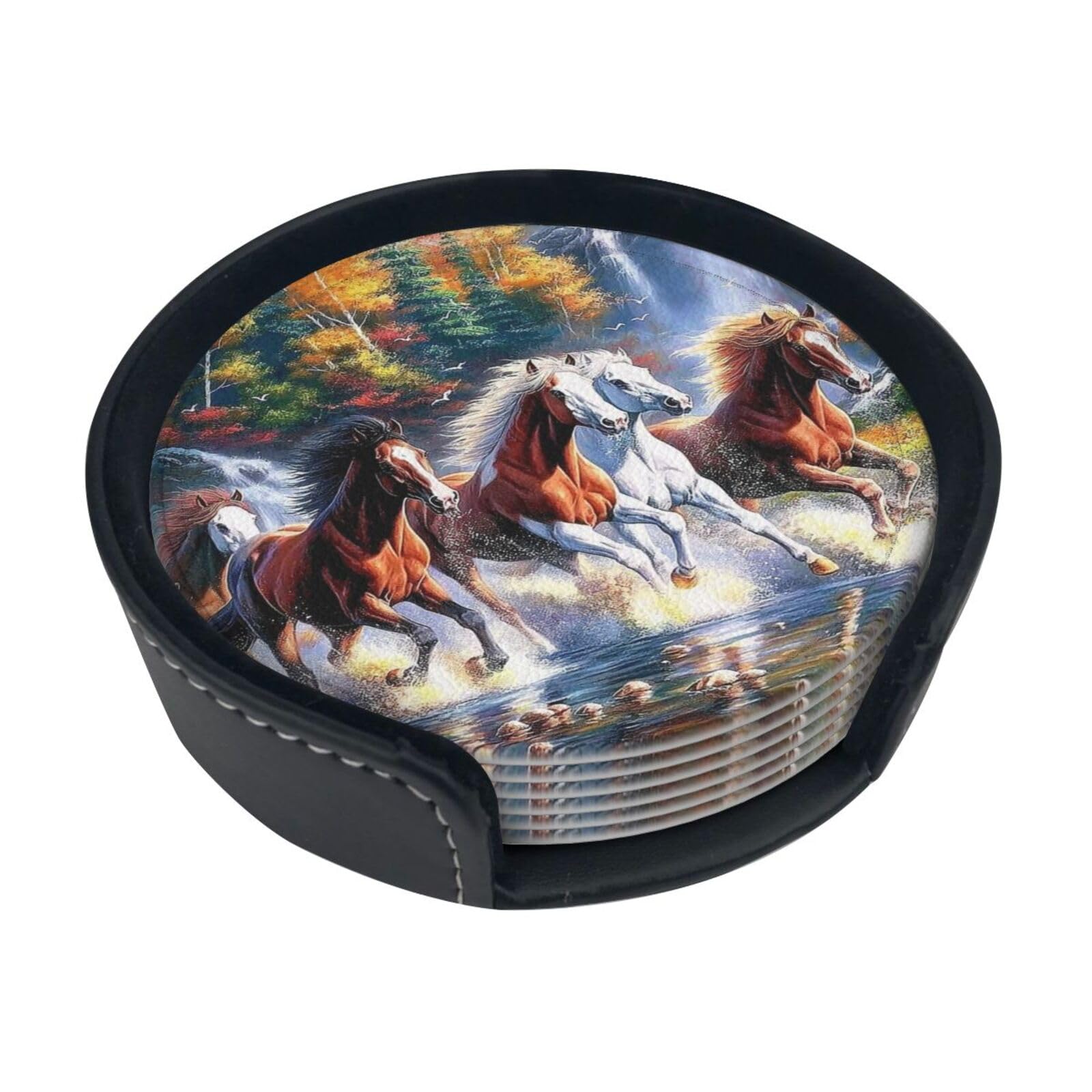 Native American Indian Horse Design Coasters with Holder - Set of 6 Non-Slip Drink Coasters for Coffee Cups, Mugs, and Glasses - Perfect for Home, Office, and Restaurant Use