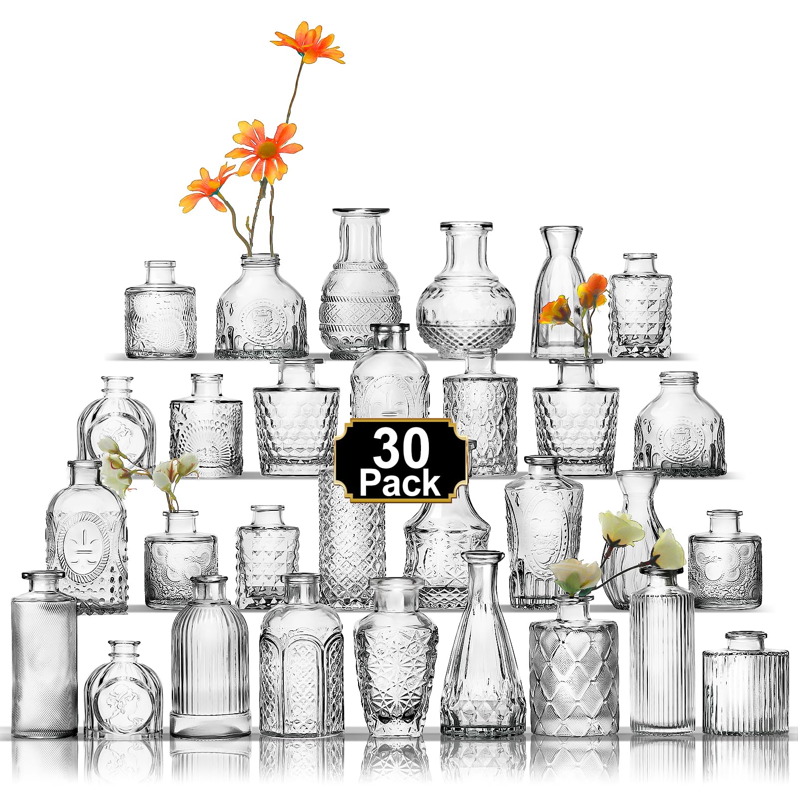 Aheroi Set of 30 Clear Glass Bud Vases - Mini Flower Vases Bulk for Wedding Centerpieces, Table Decor, Home & Party Decoration - Perfect for Wedding Reception, Bridal Shower, Baby Shower, and Dining Table Arrangements