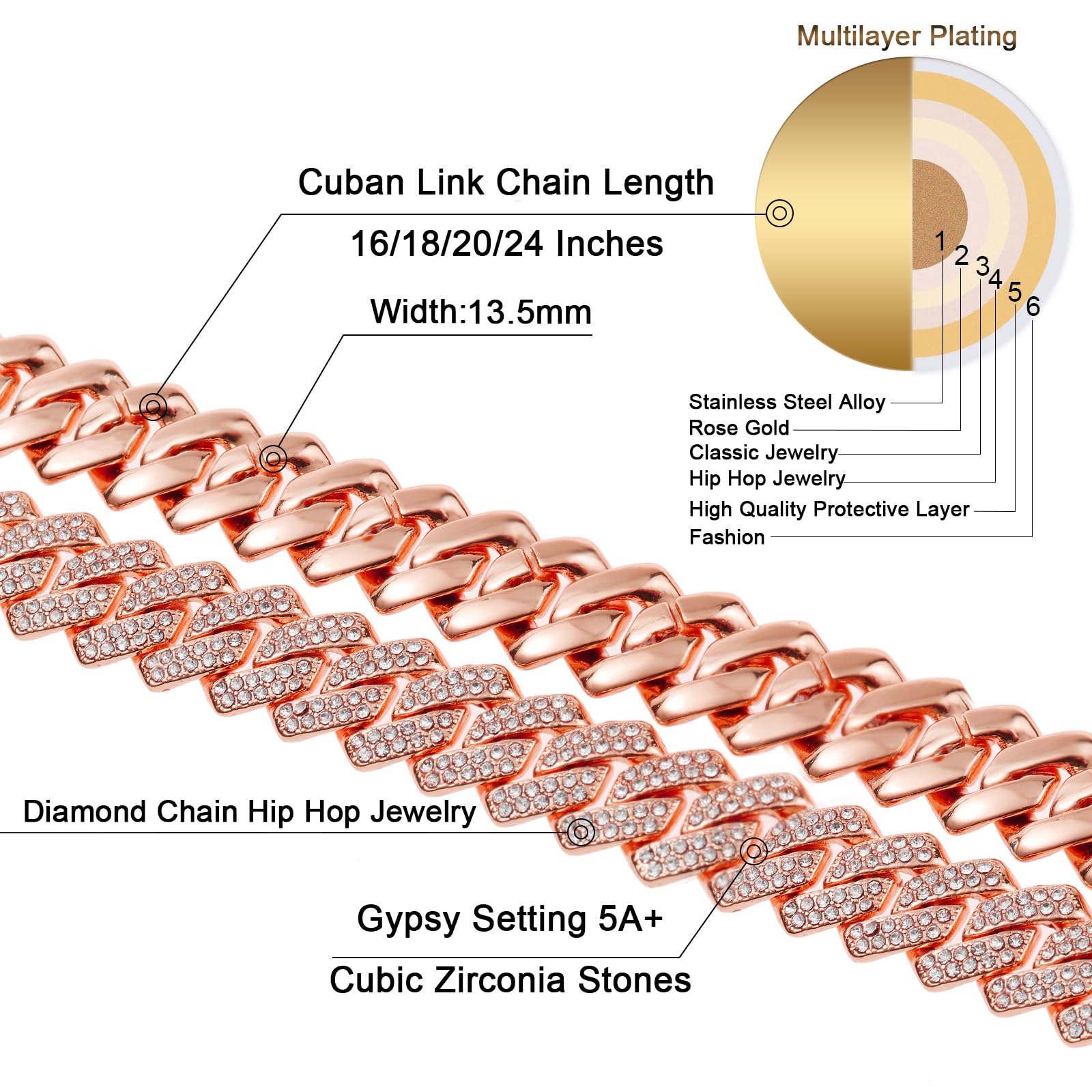 Saintda Cuban Link Chain for Men & Women - Iced Out Silver, Gold & Rose Gold Miami Cuban Necklace - Bling Diamond Hip Hop Jewelry with Gift Box - Perfect for Parties, Gifting & Streetwear Fashion