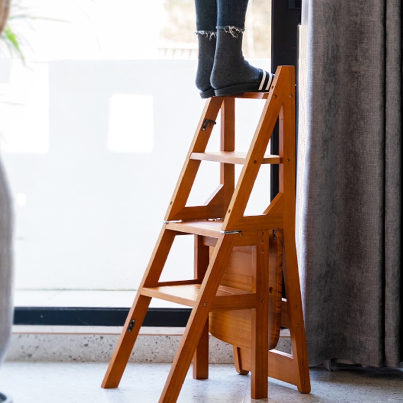 Foldable Wooden Step Stool Chair with Scissor Ladder - Multi-Functional Folding Library Stool for Kitchen, Office & Home Use - Perfect for Reaching High Shelves & Storage Spaces