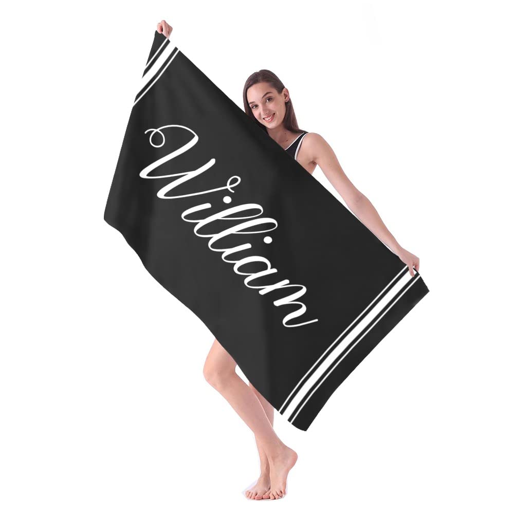 Custom Personalized Beach Towels with Name - Monogrammed Black Stripe Beach Towel for Men, Women & Kids - Soft Quick-Dry Large Beach Blanket for Pool, Vacation & Summer Outdoor Activities