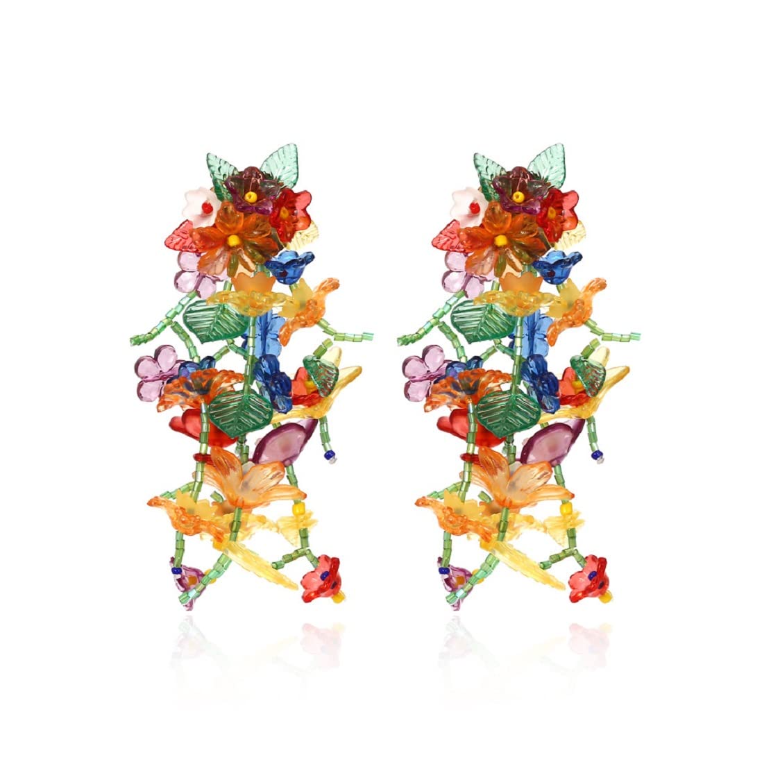 Hypoallergenic Colorful Flower Tassel Earrings for Women - Rainbow Floral Statement Dangle Earrings with Beaded Leaf Cluster | Perfect for Spring Outfits, Weddings & Boho Fashion Accessories