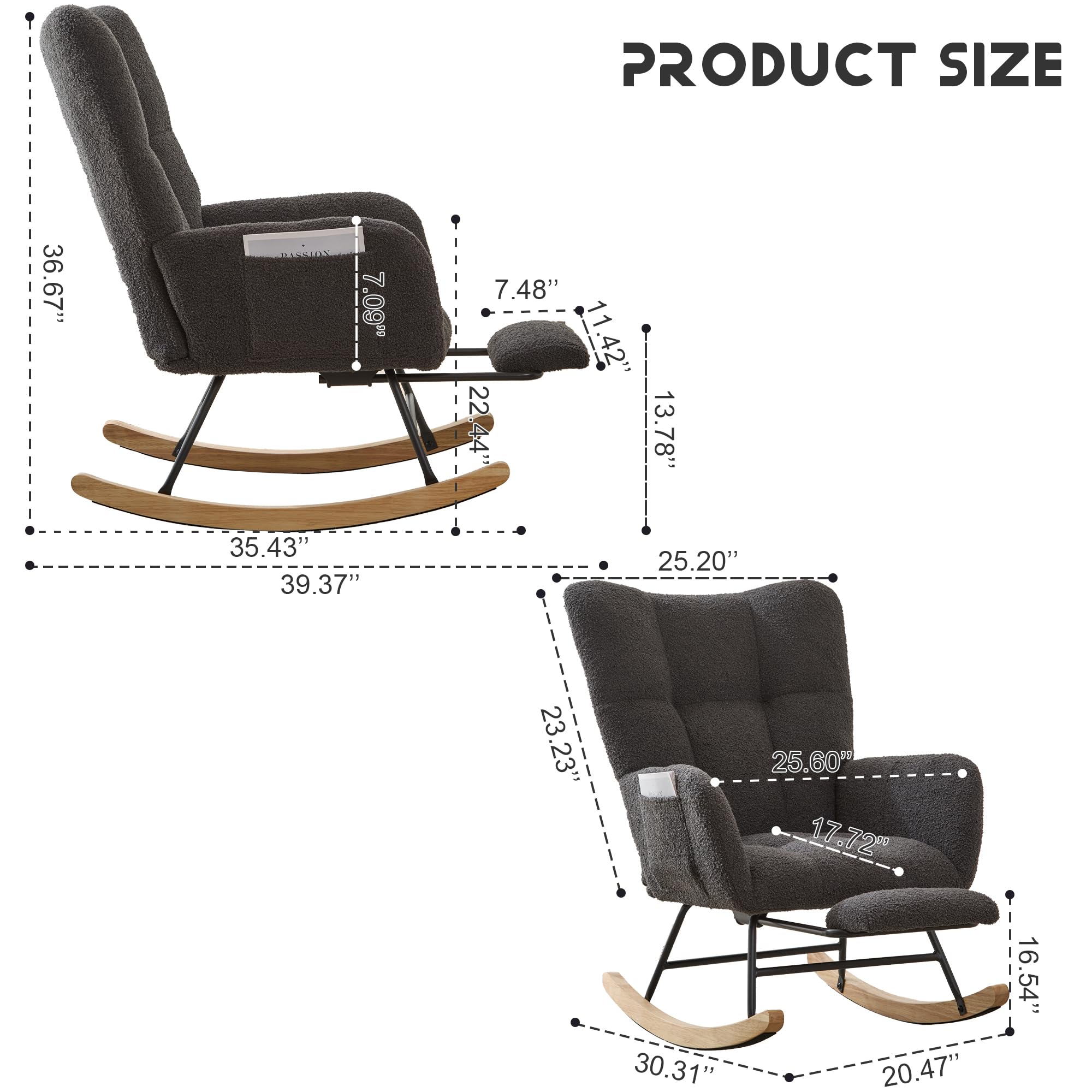 Comfy Teddy Upholstered Glider Rocking Chair with Footrest & High Backrest - Nursery Rocker with Side Pocket for Living Room, Bedroom, Office (Large Grey) | Perfect for Nursing, Reading & Relaxing