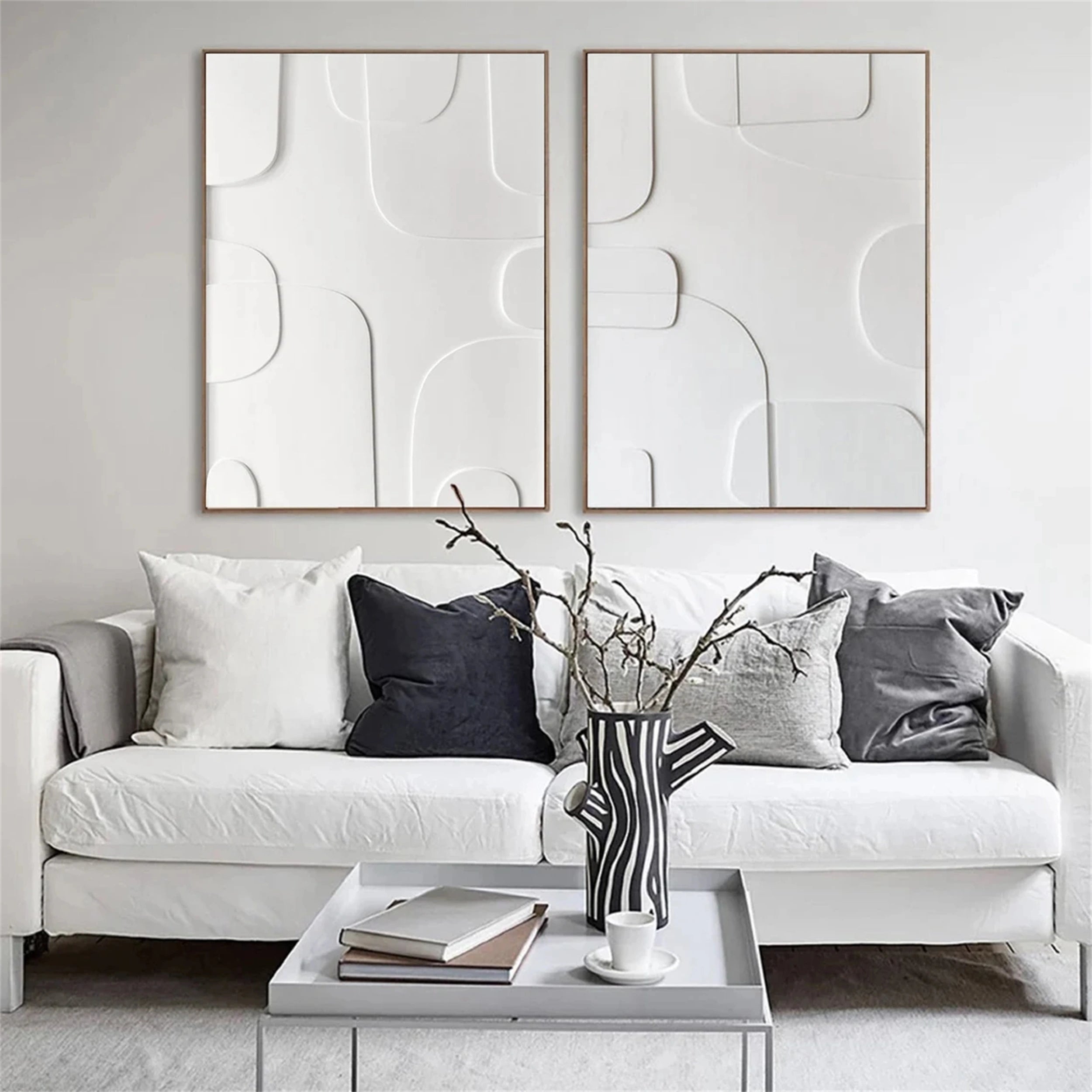 Modern White Minimalist Textured Canvas Paintings - Set of 2 Abstract Wall Art Decor #MM147 | Perfect for Living Room, Bedroom & Office Decor