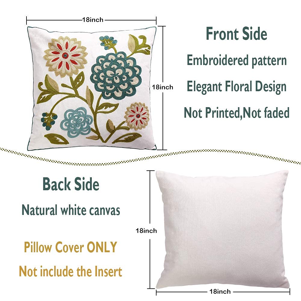18x18 Inch Floral Embroidery Throw Pillow Covers Set of 2 - Decorative Couch Pillow Cases for Sofa, Bed, Living Room & Patio | Perfect for Home Decor, Cozy Reading Nook & Outdoor Relaxation