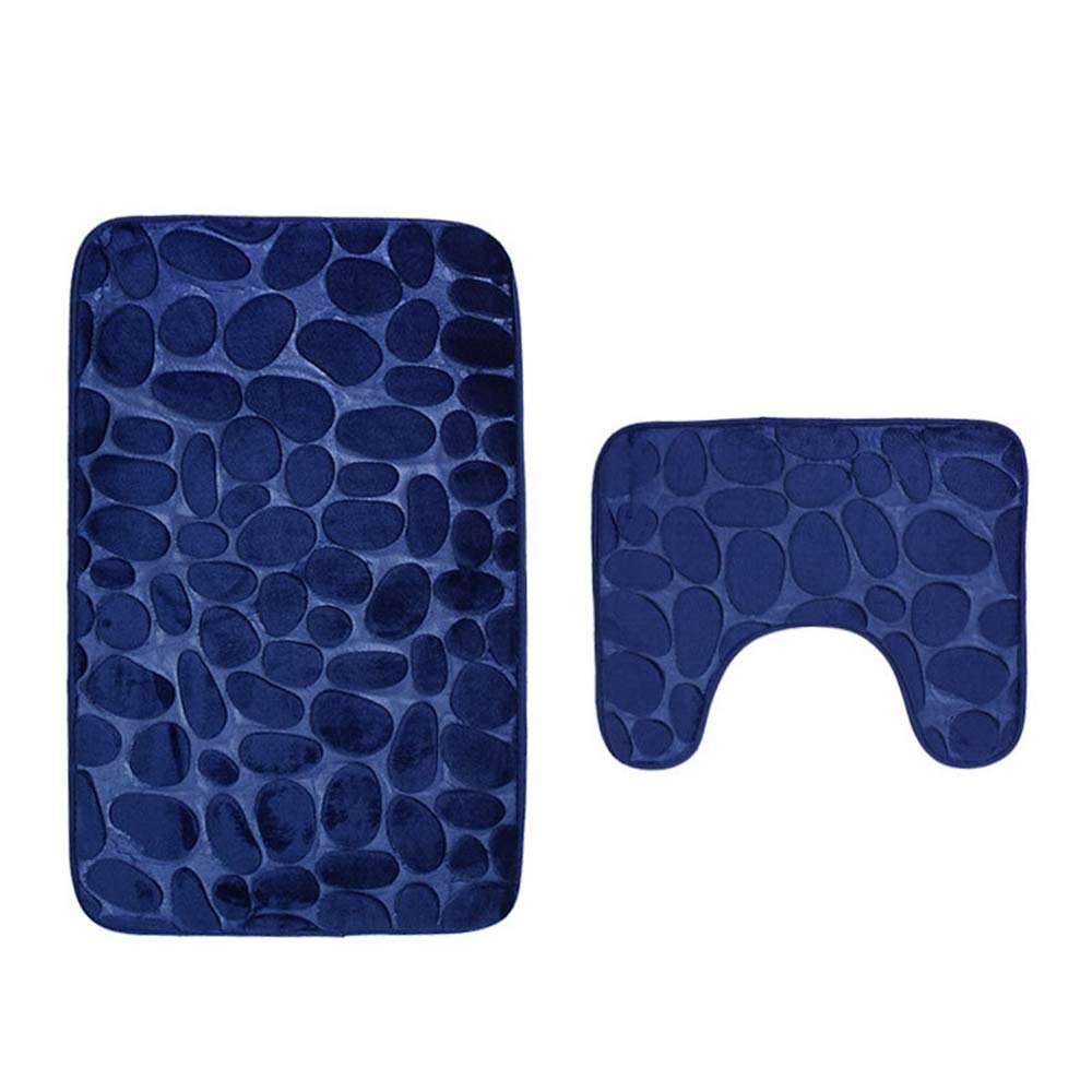 Non-Slip Bathroom Rug Set - 2 Piece Cobblestone Soft Bath Mat with Rectangular Floor Mat & U-Shaped Toilet Mat (Blue) | Water Absorbent, Quick Dry for Bathroom, Shower & Toilet Floor Safety