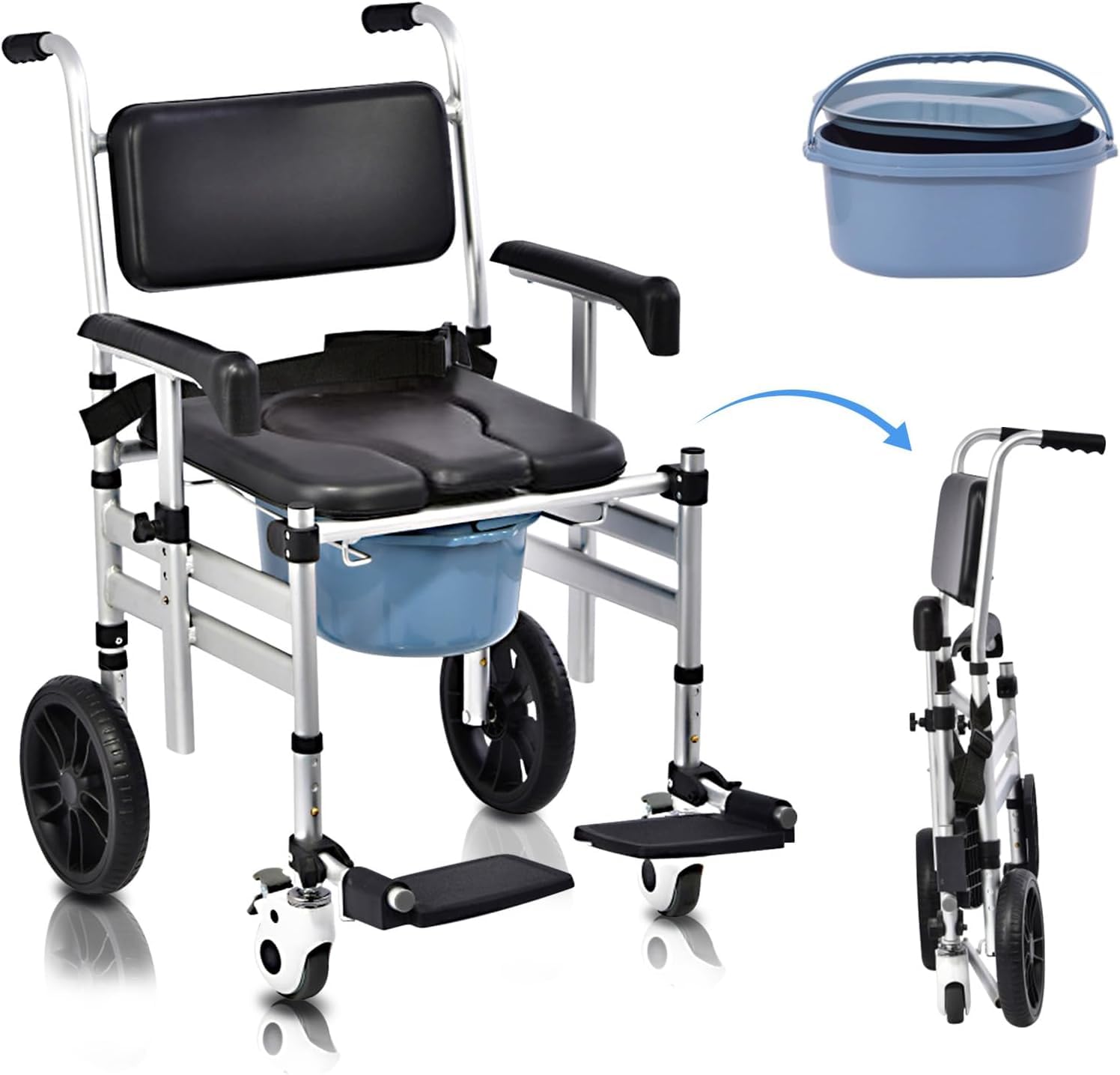 Adjustable Height 4-in-1 Folding Shower Chair with Wheels - Padded Commode Wheelchair with Detachable Bucket, Lifting Armrests & Flip-Up Footrest for Elderly & Disabled - Ideal for Bathroom Safety & Bedside Use (Black)