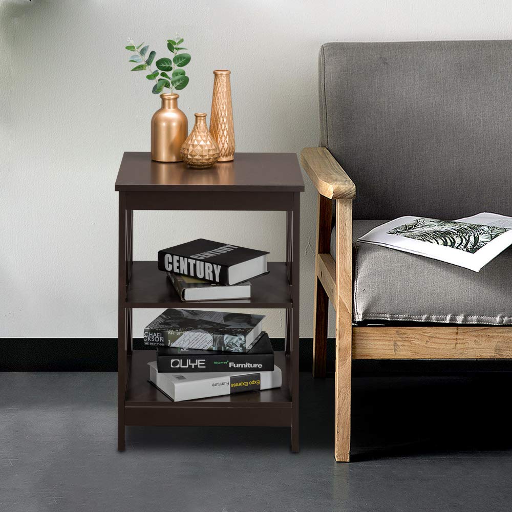 3-Tier Wooden X-Design Side Table - Sofa End Table, Bedside Nightstand with Shelf for Living Room, Bedroom & Office - Home Furniture Organizer & Display Unit