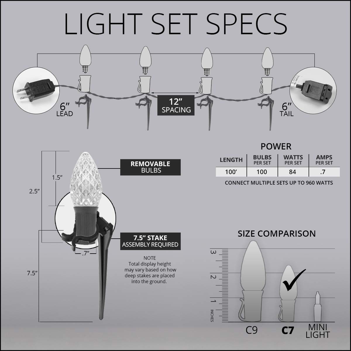 100' OptiCore LED C7 Cool White Commercial Pathway Christmas Lights - Outdoor Holiday Walkway Lighting with 7.5