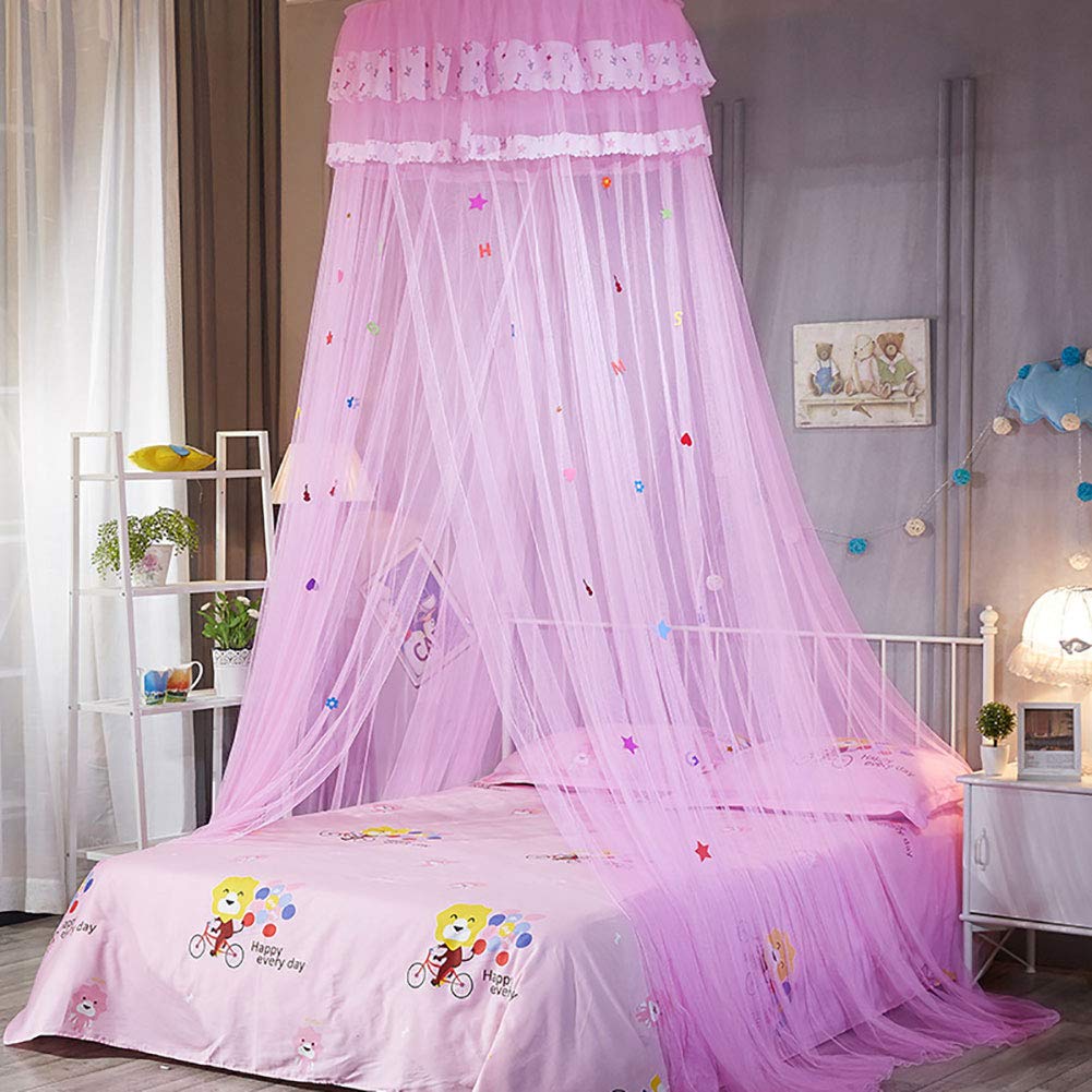 Pokerty Pink Princess Lace Canopy Bed Curtain for Girls - Round Mosquito Net with Romantic Lace Design - Perfect for Kids Bedroom Decor & Fairy Tale Themed Sleepovers