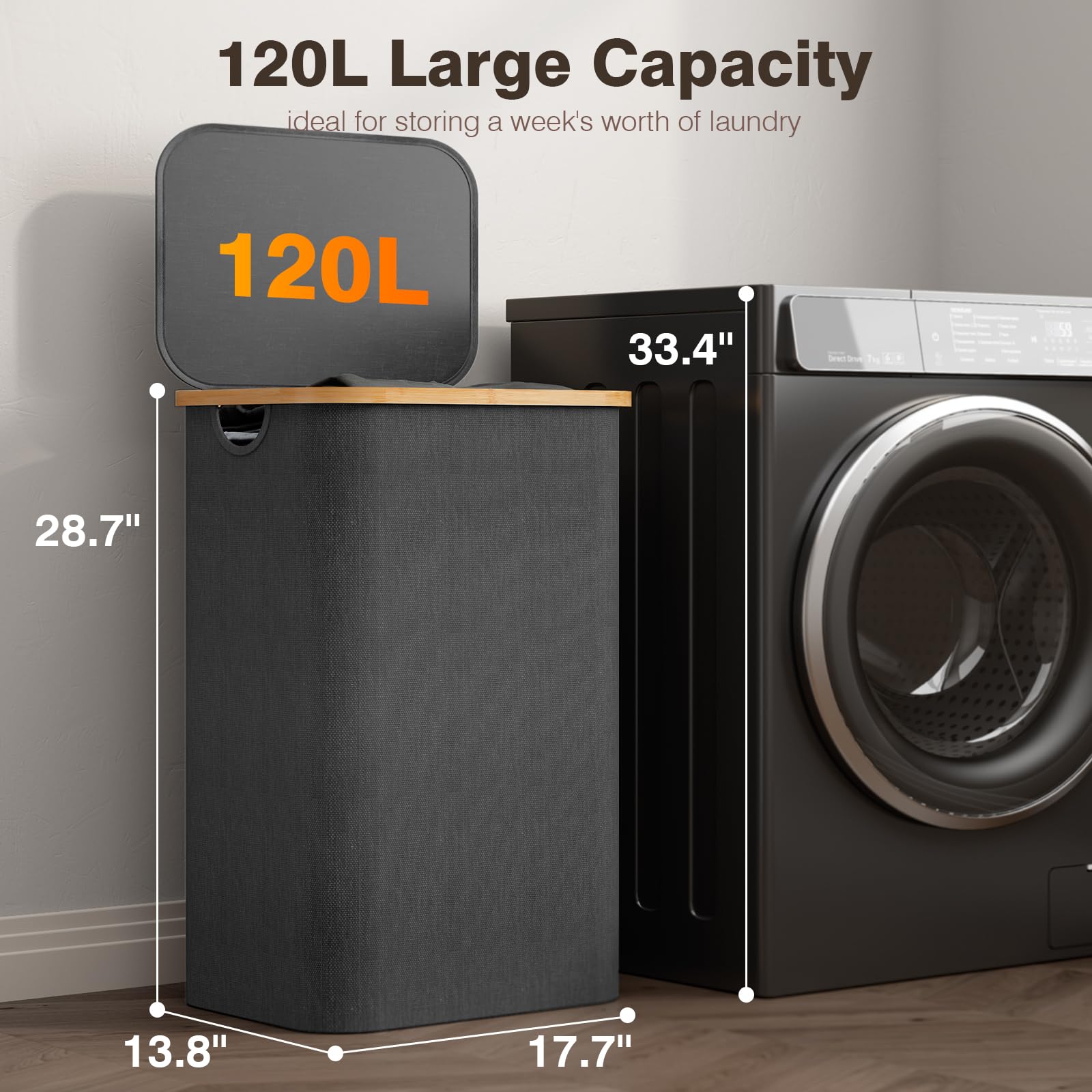 120L Large Collapsible Laundry Hamper with Lid - Dark Grey Laundry Basket for Dirty Clothes | Space-Saving Storage Solution for Small Spaces, Bedroom, Bathroom & Laundry Room | Perfect for Home Organization & College Dorm Essentials