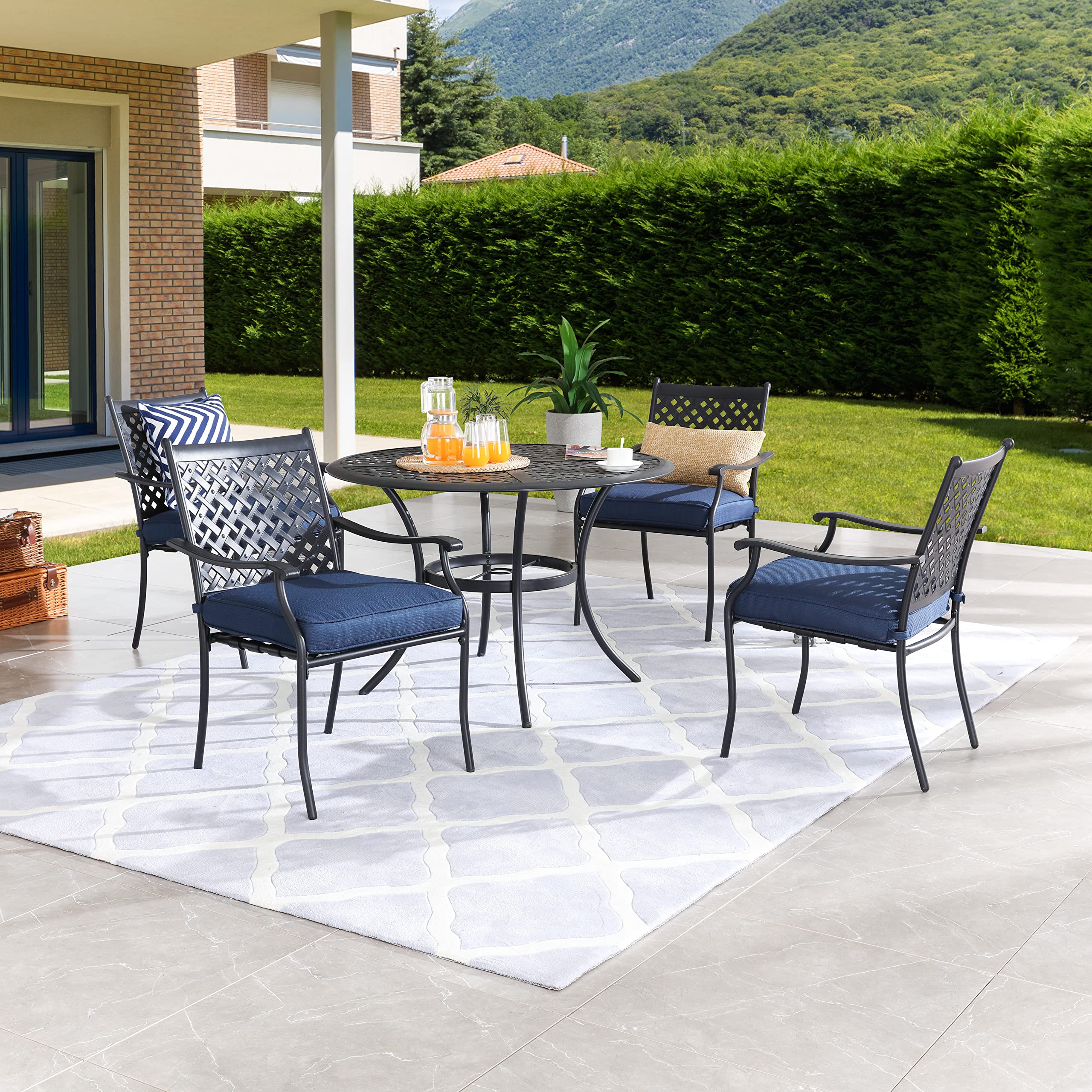 LOKATSE HOME 5-Piece Outdoor Patio Dining Set - Metal Table with Umbrella Hole & Cushioned Iron Chairs, Blue - Perfect for Backyard, Garden, and Poolside Relaxation