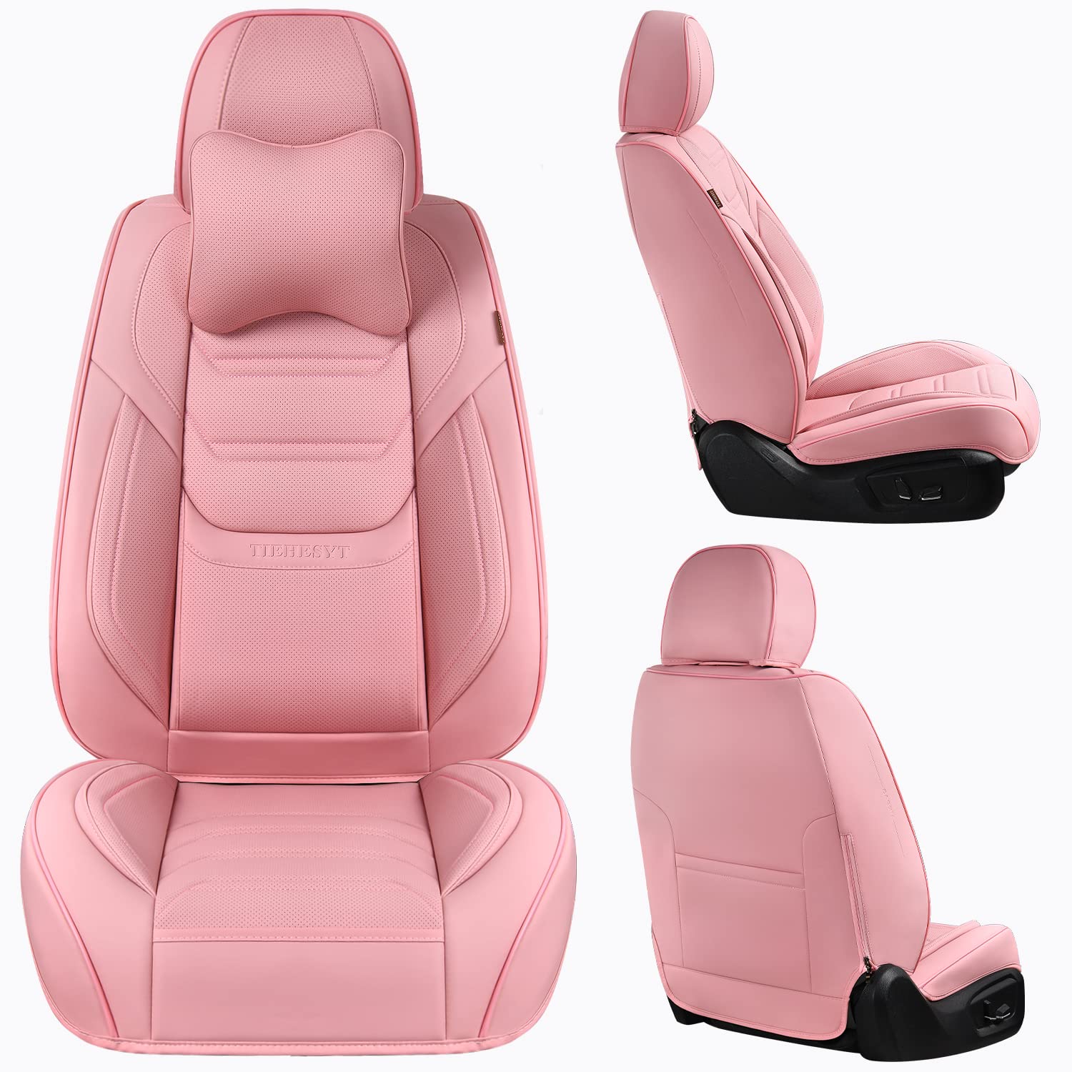 Pink Car Seat Covers Front Pair - Breathable Leather Auto Seat Protectors with Headrest | Universal Fit for Sedans, SUVs & Pickup Trucks | Perfect for Daily Commute, Road Trips & Family Travel