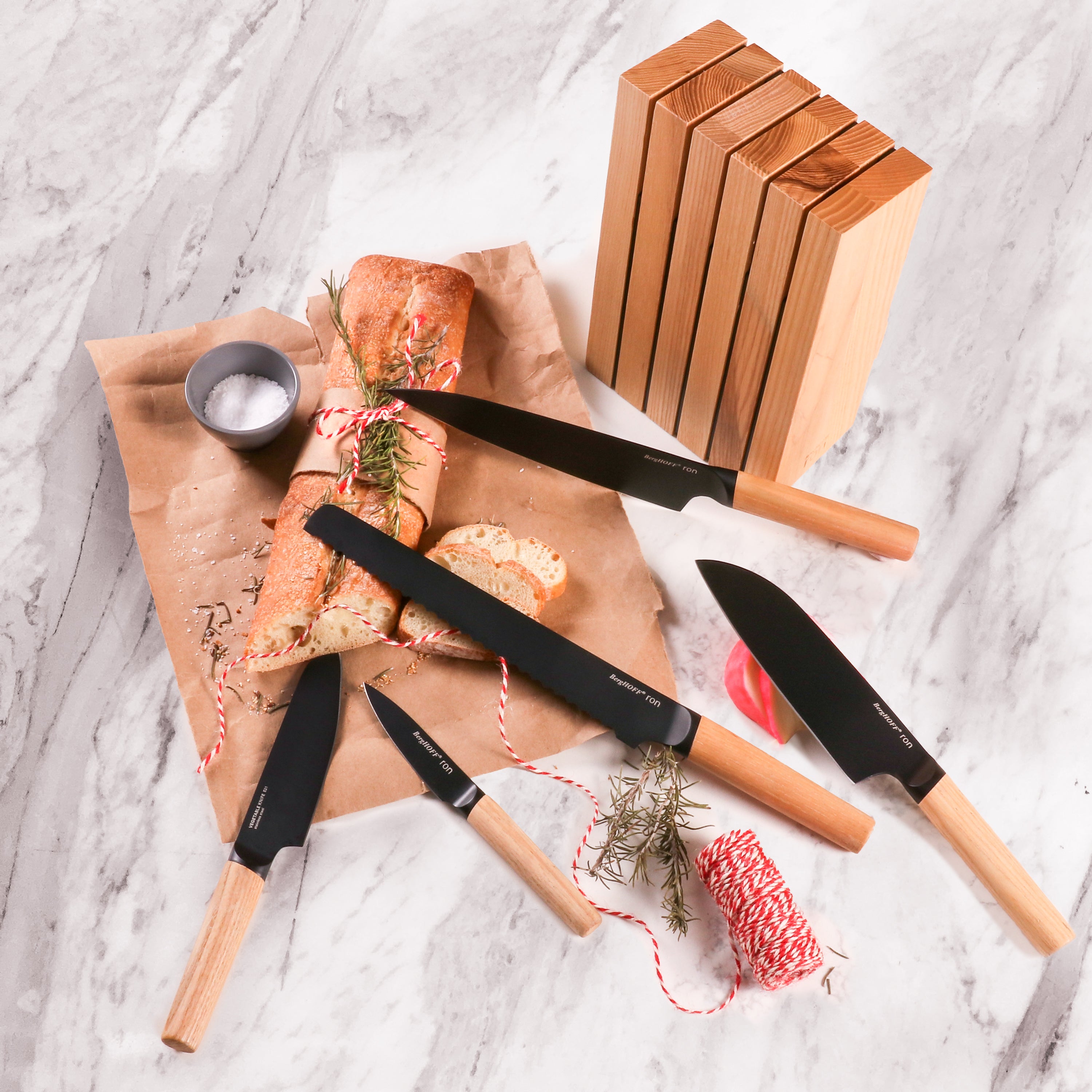 BergHOFF Ron 6-Piece Stainless Steel Knife Block Set with Natural Wood Stand - Perfect for Home Kitchen, Cooking, and Food Preparation